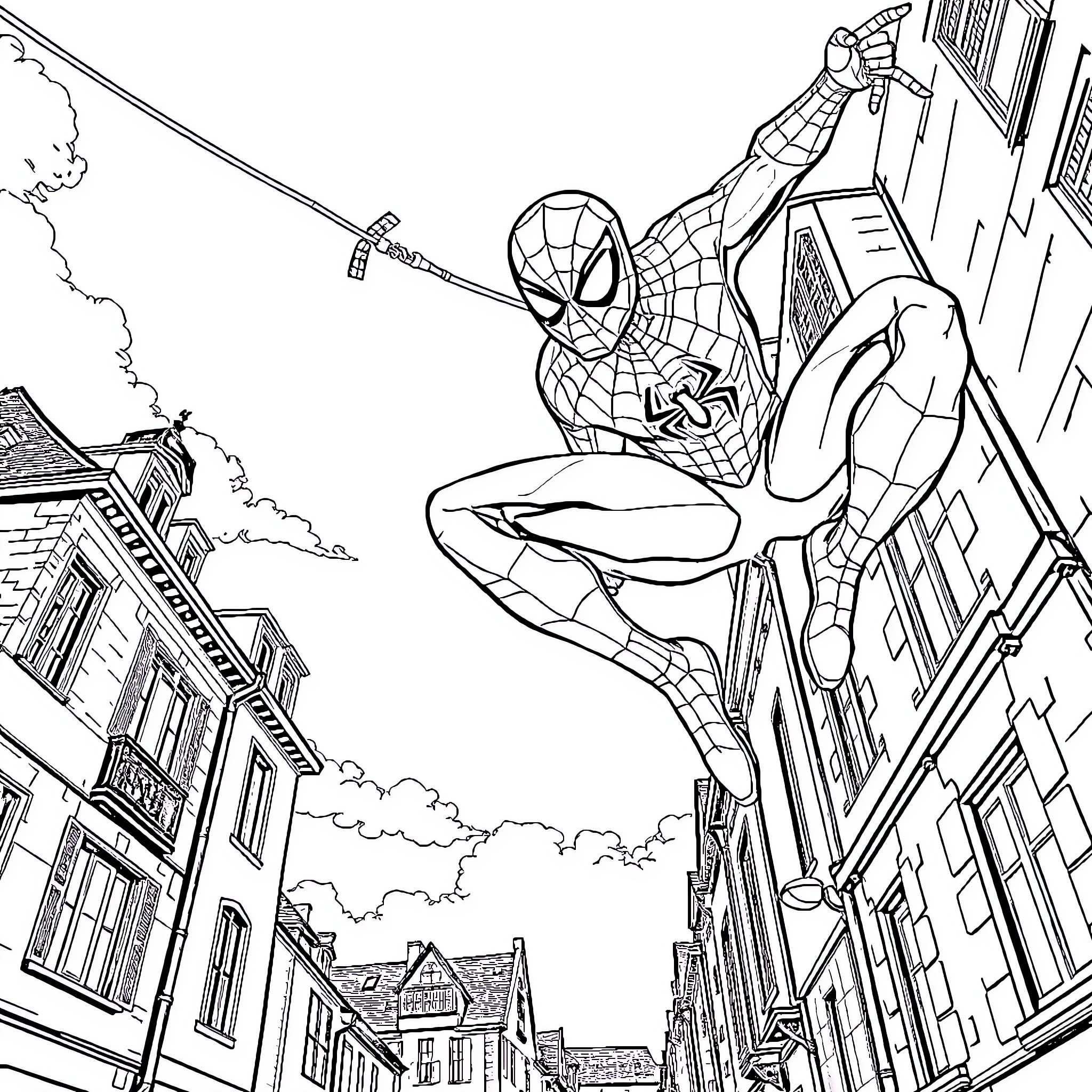 Spiderman swinging through the city on a web Coloring Page (free black-and-white line drawing printable PDF for all, from beginners to advanced learners, including children, teens, adults, and seniors)