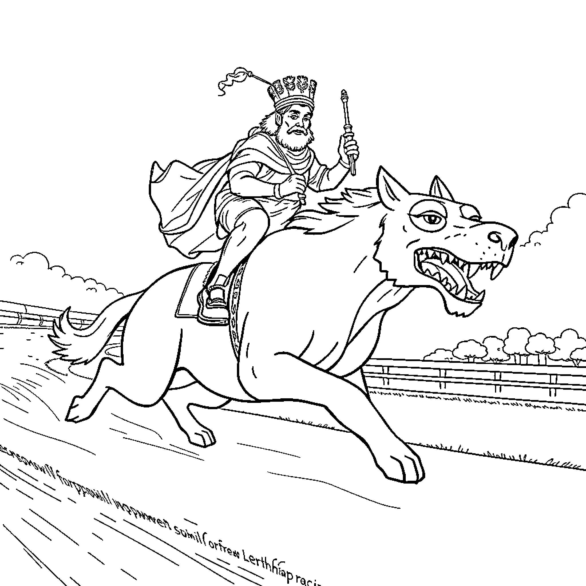 Euripides riding a ferocious wolf through the countryside Coloring Page (free black-and-white line drawing printable PDF for all, from beginners to advanced learners, including children, teens, adults, and seniors)