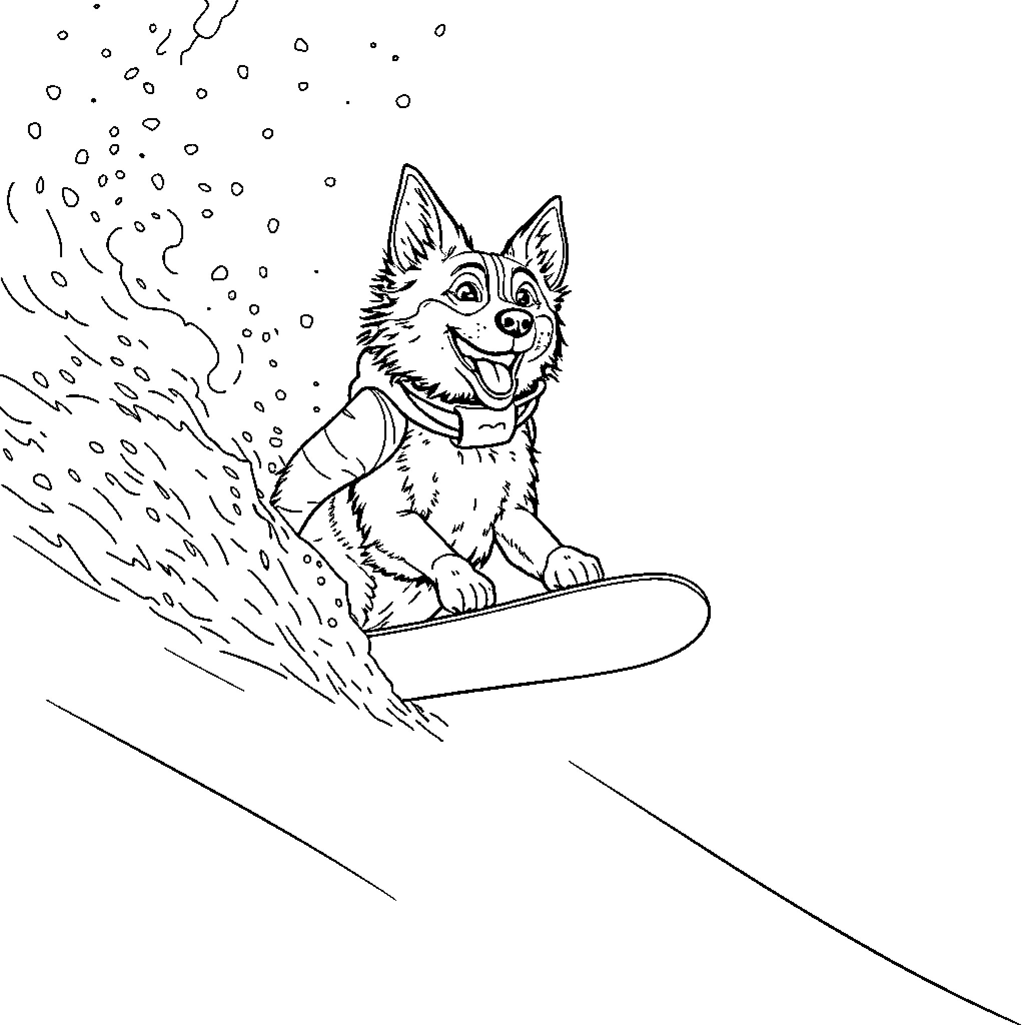 Blue Heeler surfing in the snow Coloring Page (free black-and-white line drawing printable PDF for all, from beginners to advanced learners, including children, teens, adults, and seniors)
