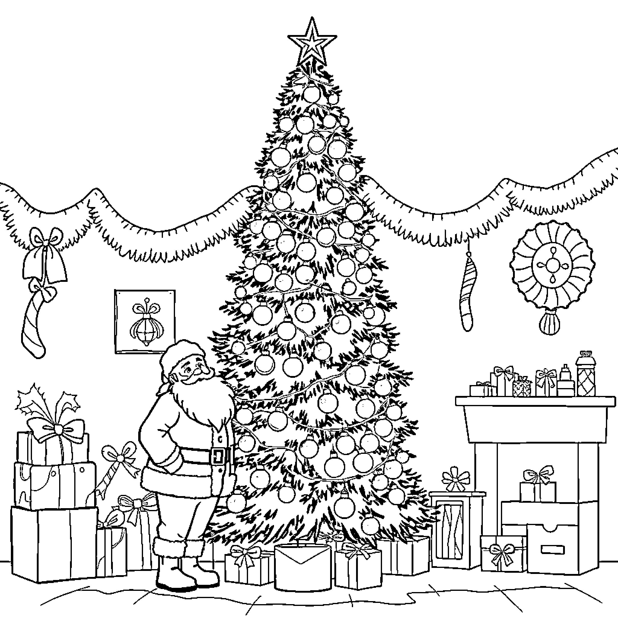 Christmas Tree with Decorated Ornaments and Gifts Coloring Page (free black-and-white line drawing printable PDF for all, from beginners to advanced learners, including children, teens, adults, and seniors)