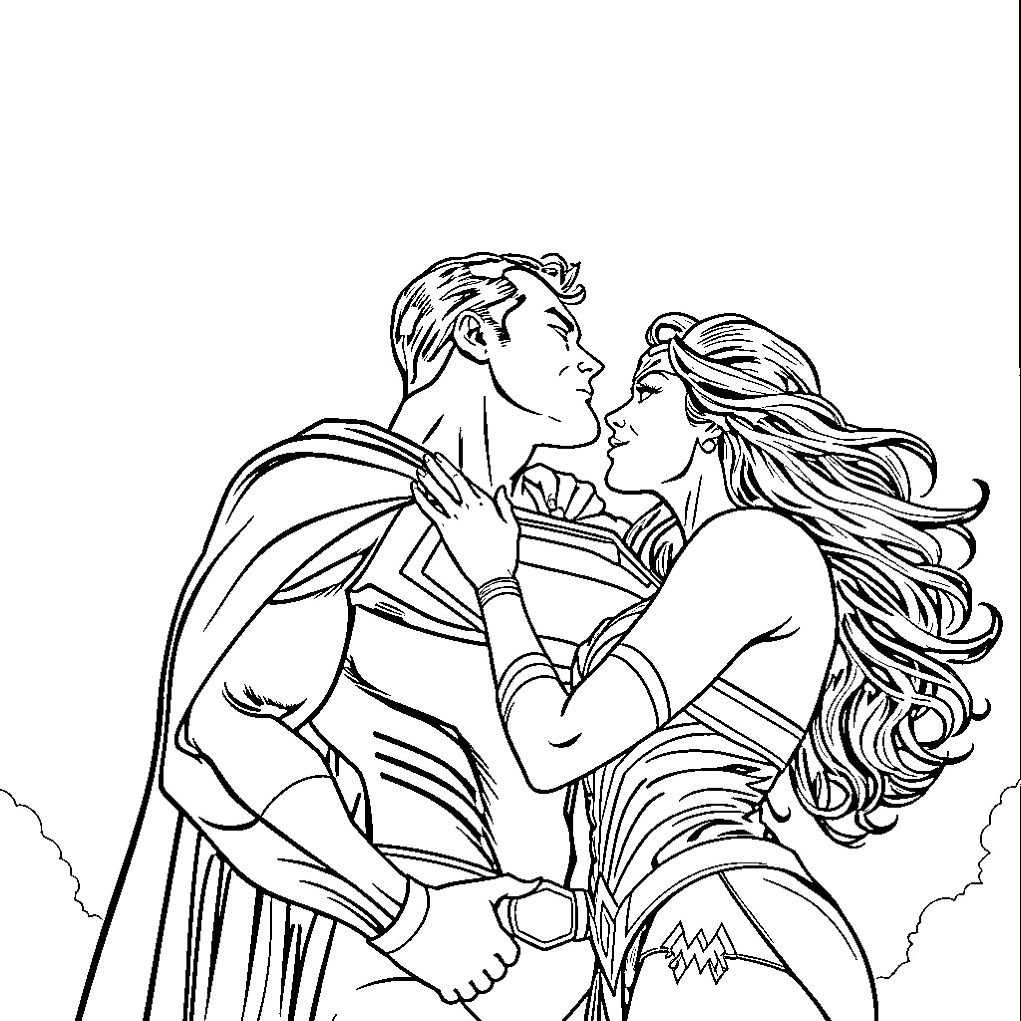 Superman embracing Wonder Woman in heroic affection Coloring Page (free black-and-white line drawing printable PDF for all, from beginners to advanced learners, including children, teens, adults, and seniors)
