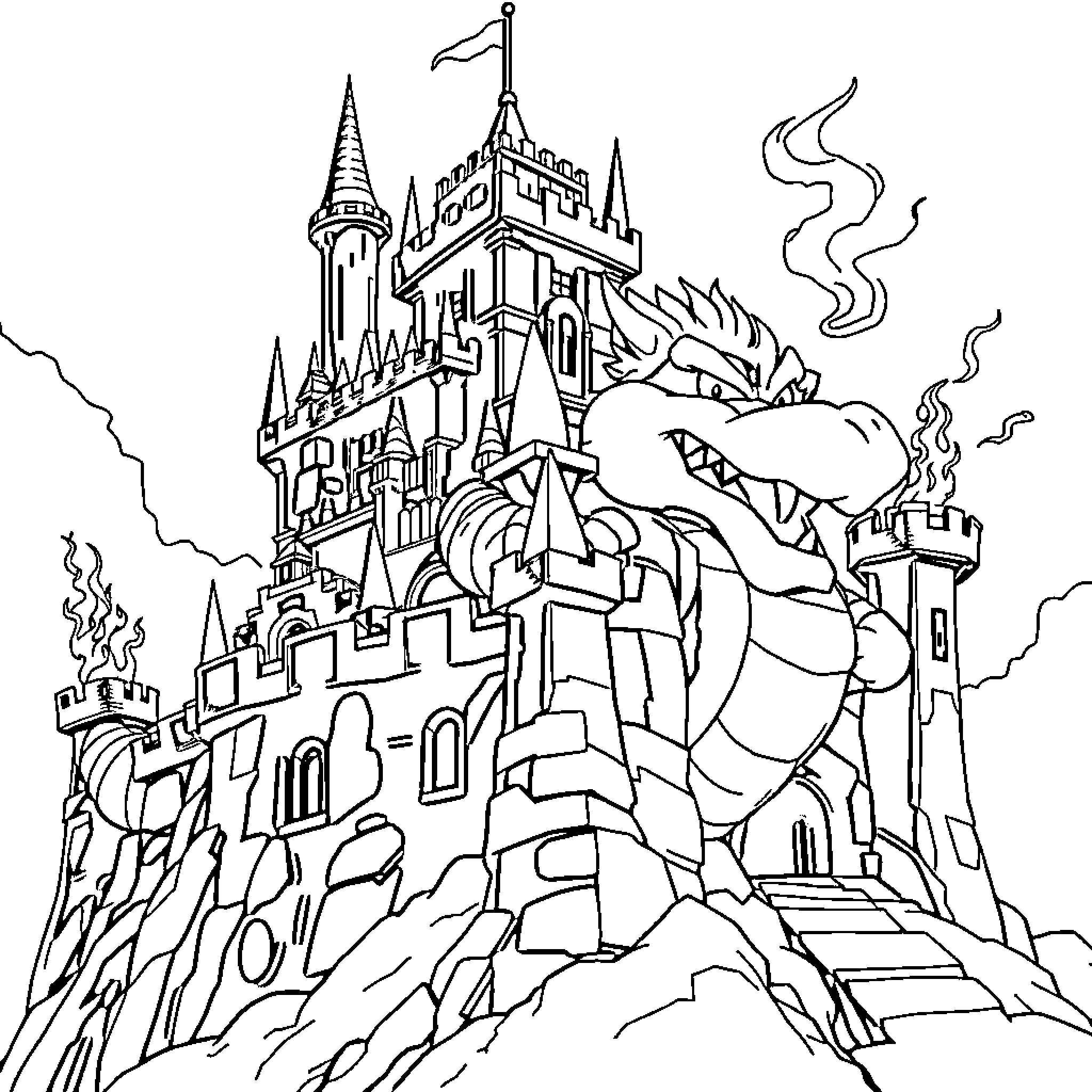 Bowser's Menacing Castle on a Treacherous Mountain Coloring Page (free black-and-white line drawing printable PDF for all, from beginners to advanced learners, including children, teens, adults, and seniors)