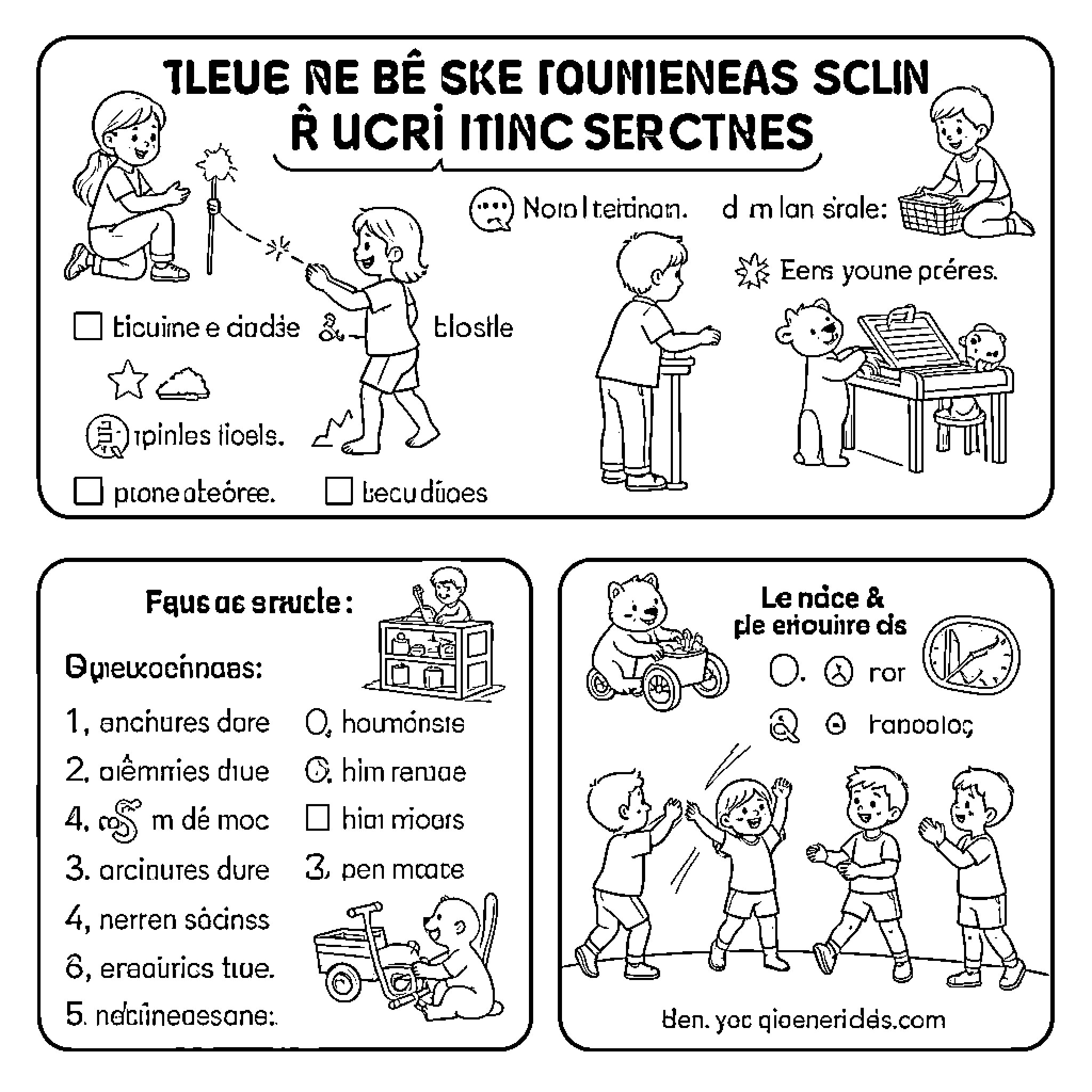 Exercice of children playing and interacting in various scenes Coloring Page (free black-and-white line drawing printable PDF for all, from beginners to advanced learners, including children, teens, adults, and seniors)