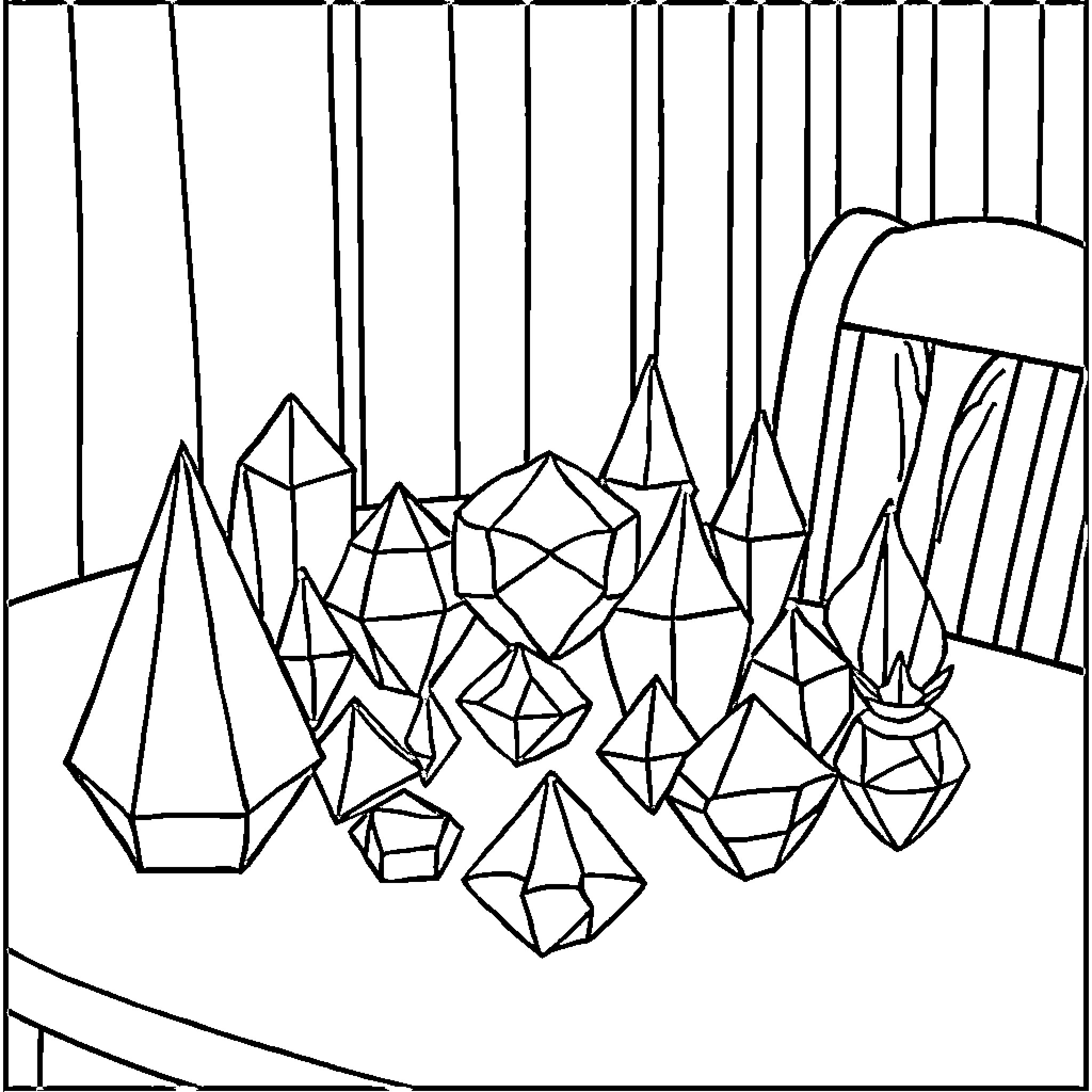 Geometric Figures Displayed on Shelves Coloring Page (free black-and-white line drawing printable PDF for all, from beginners to advanced learners, including children, teens, adults, and seniors)