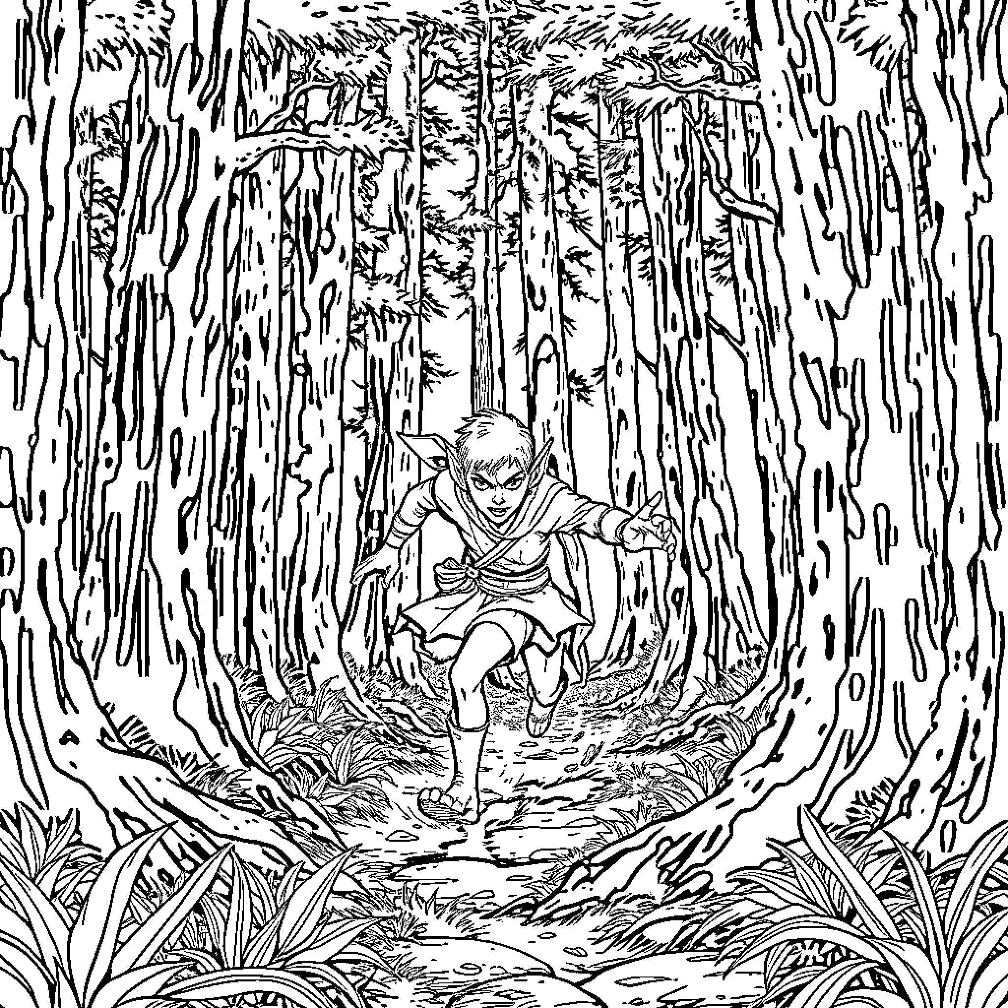 Elf exploring the enchanted forest Coloring Page (free black-and-white line drawing printable PDF for all, from beginners to advanced learners, including children, teens, adults, and seniors)