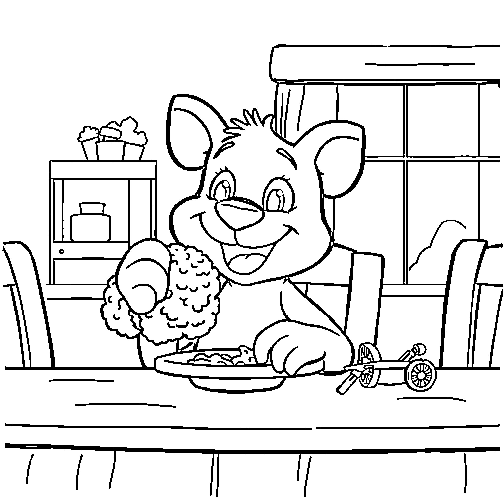 Bluey enjoying a snack in the kitchen Coloring Page (free black-and-white line drawing printable PDF for all, from beginners to advanced learners, including children, teens, adults, and seniors)