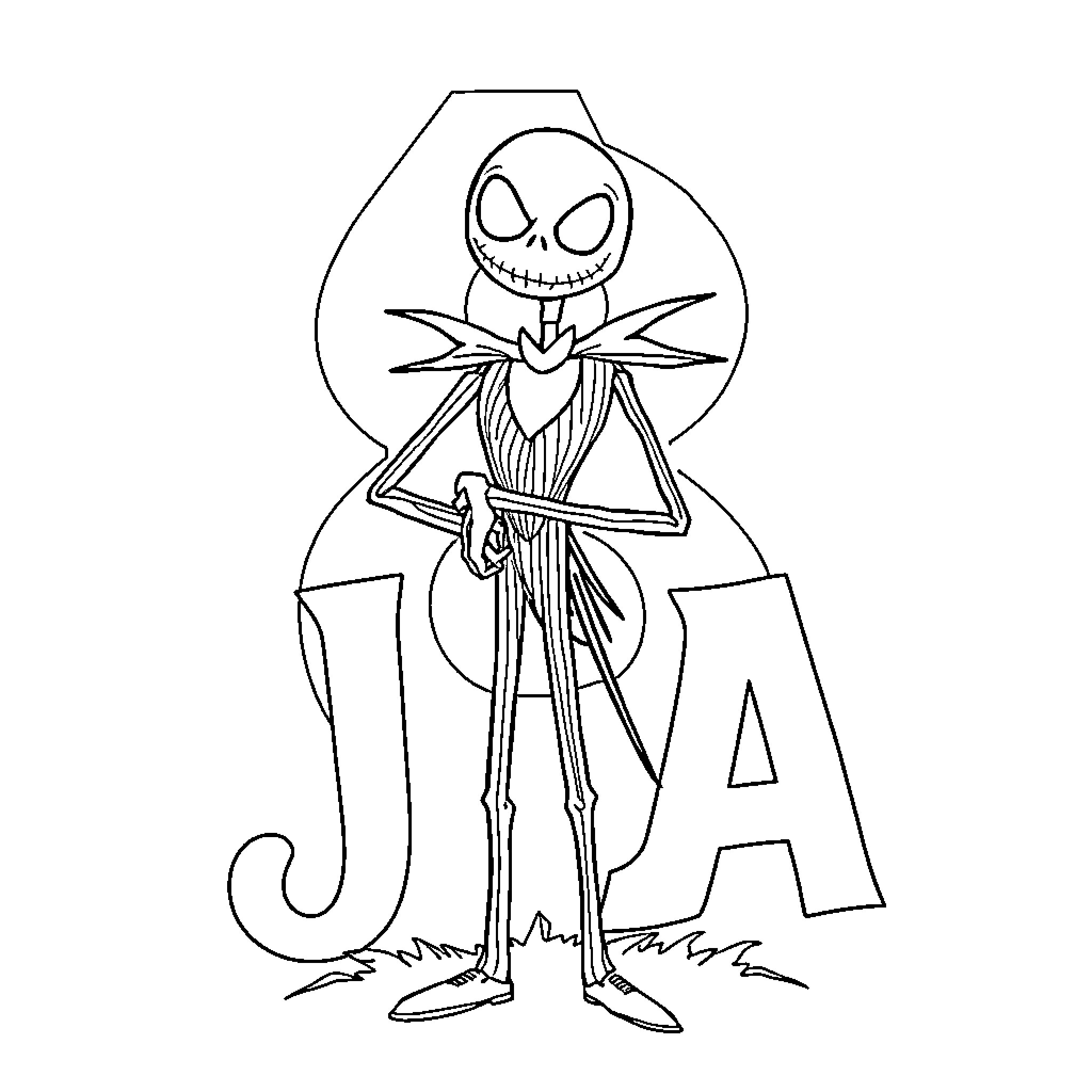 Jack Skellington standing with determination Coloring Page (free black-and-white line drawing printable PDF for all, from beginners to advanced learners, including children, teens, adults, and seniors)