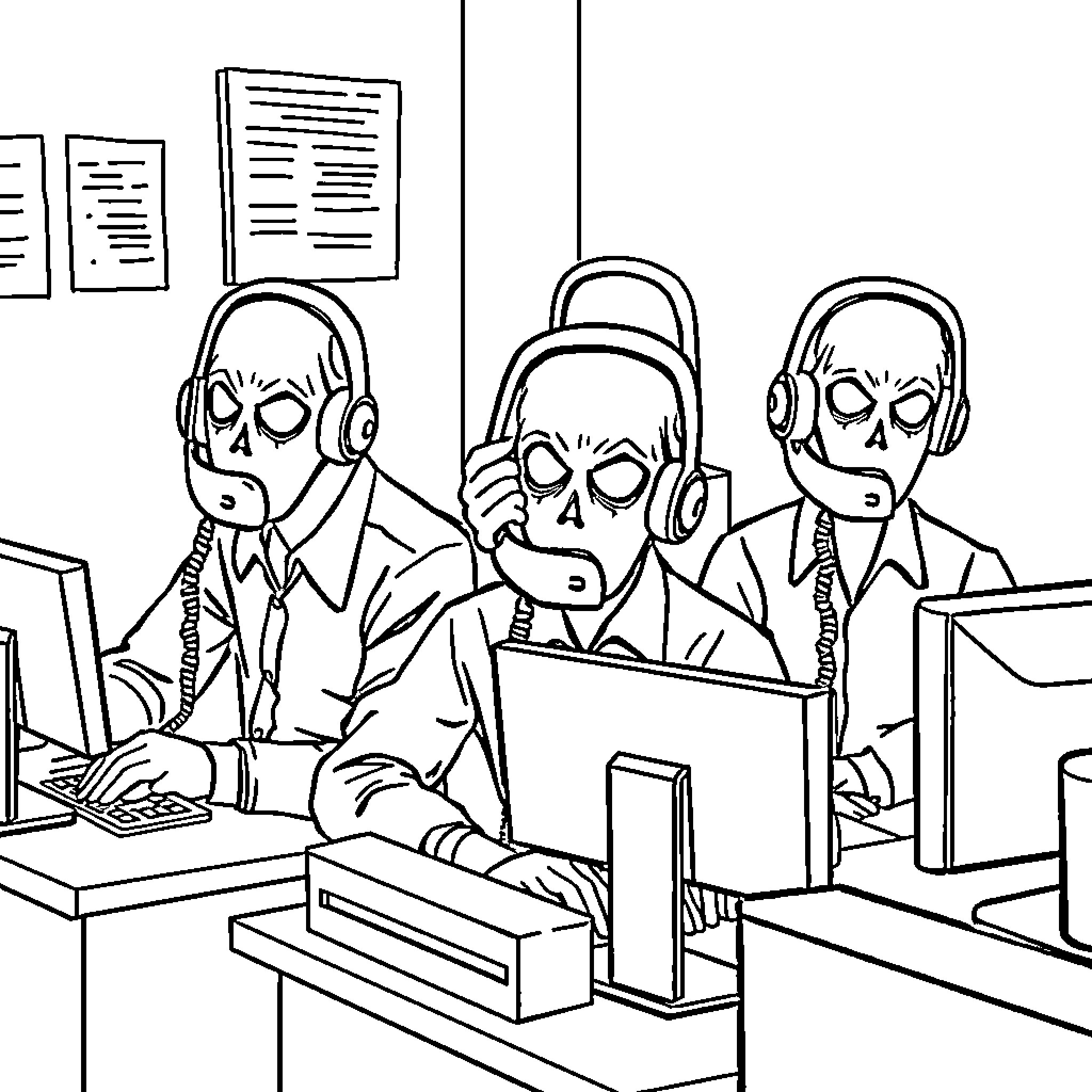 Cellphone users in a busy office setting Coloring Page (free black-and-white line drawing printable PDF for all, from beginners to advanced learners, including children, teens, adults, and seniors)