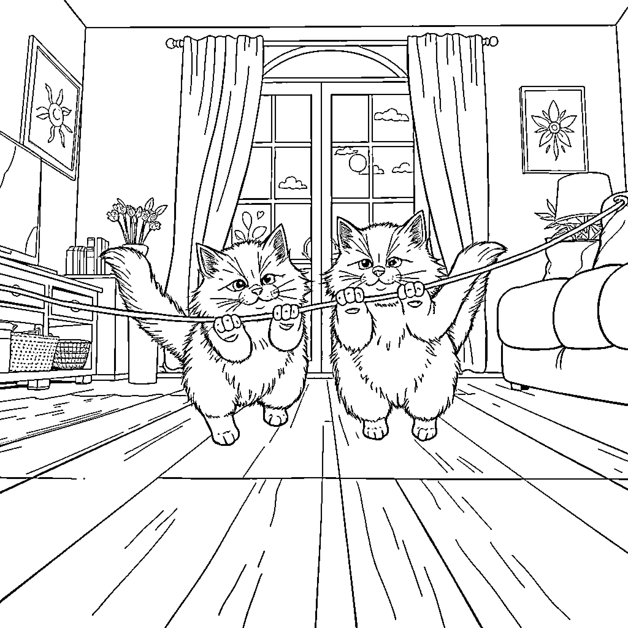 Cat playing mischievously in a cozy room Coloring Page (free black-and-white line drawing printable PDF for all, from beginners to advanced learners, including children, teens, adults, and seniors)