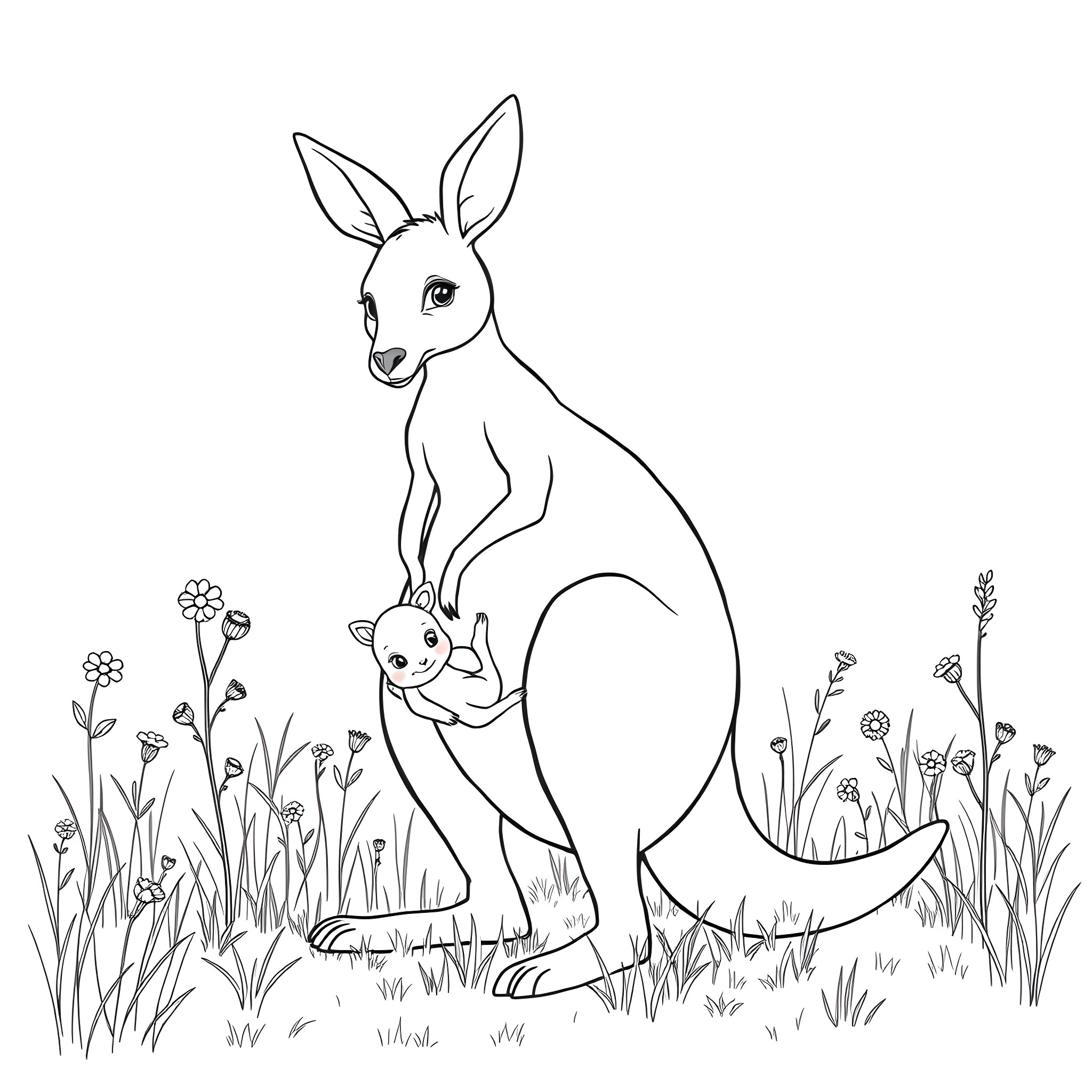 Kangaroo and baby in grassy field Coloring Page (free black-and-white line drawing printable PDF for all, from beginners to advanced learners, including children, teens, adults, and seniors)
