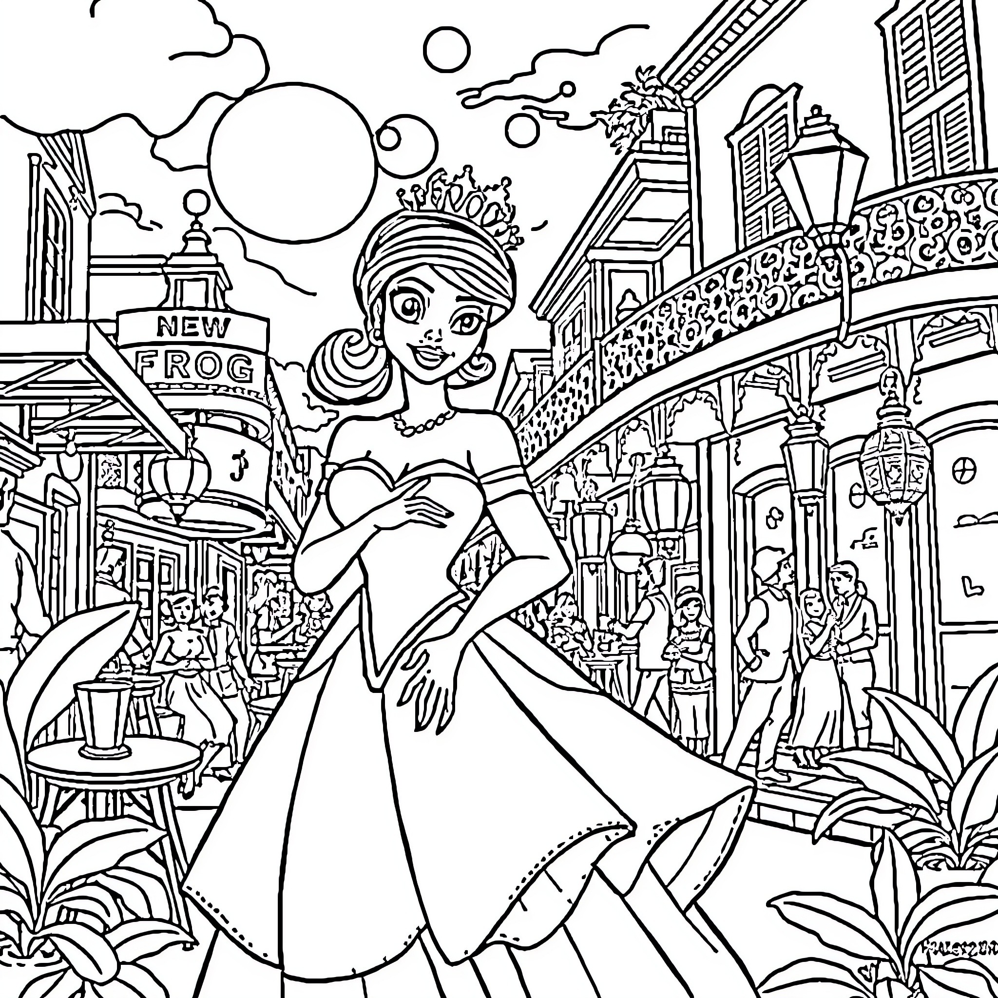 Princess exploring the vibrant city streets Coloring Page (free black-and-white line drawing printable PDF for all, from beginners to advanced learners, including children, teens, adults, and seniors)