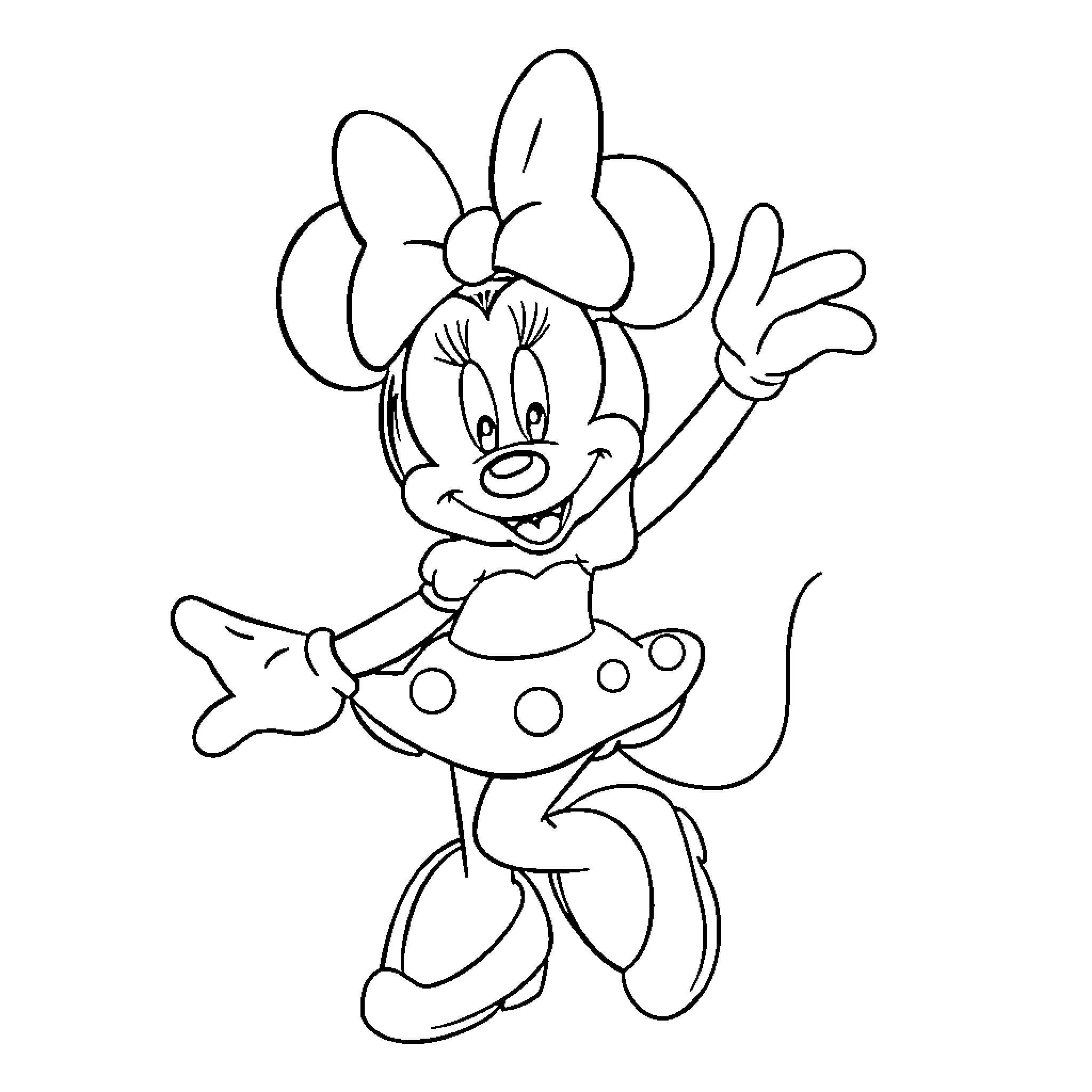 Minnie Mouse waving and posing happily Coloring Page (free black-and-white line drawing printable PDF for all, from beginners to advanced learners, including children, teens, adults, and seniors)