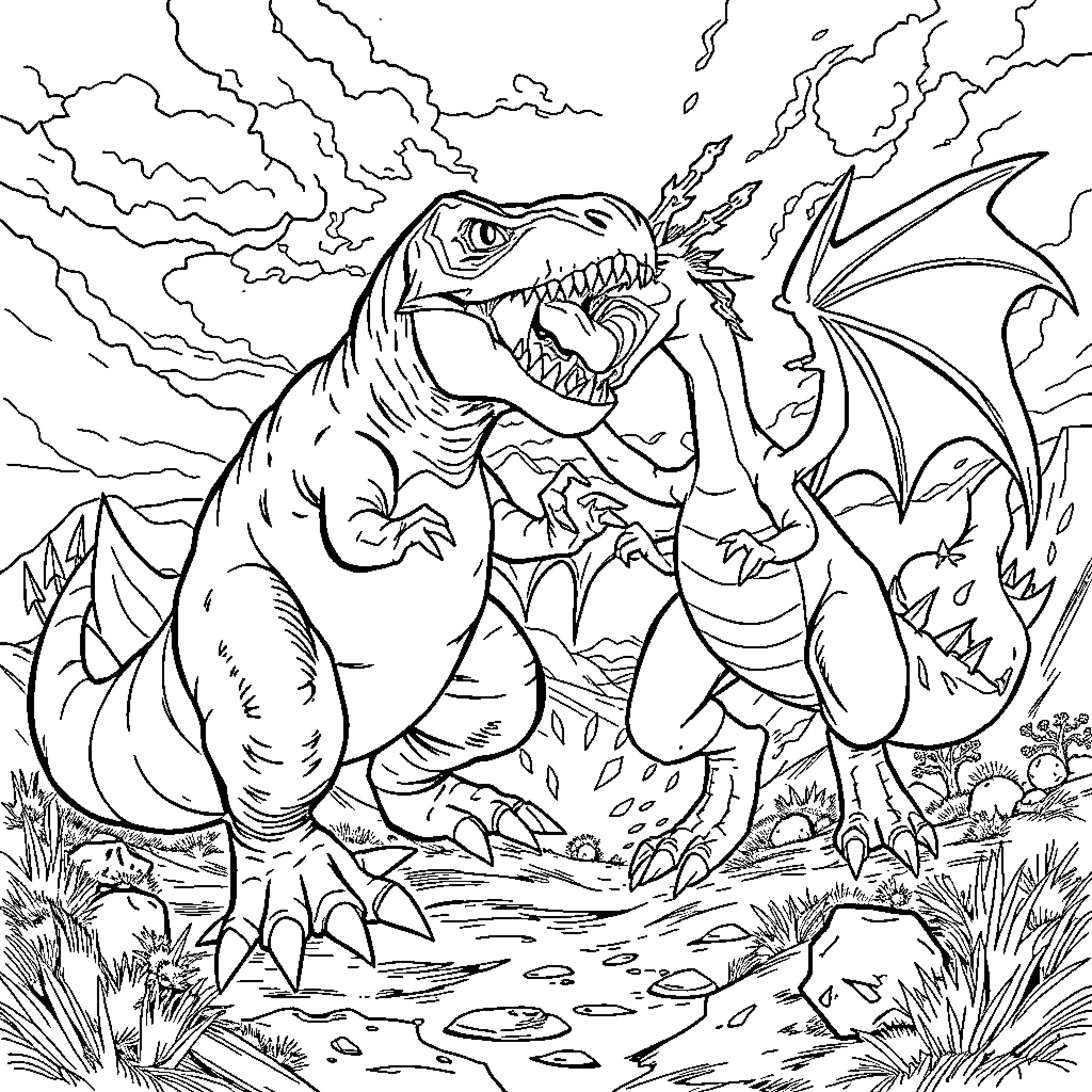 Dinosaur roaring fiercely in a dramatic landscape Coloring Page (free black-and-white line drawing printable PDF for all, from beginners to advanced learners, including children, teens, adults, and seniors)