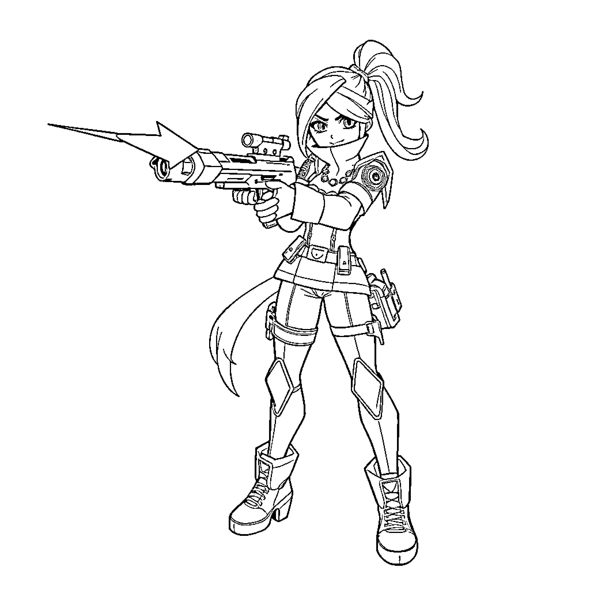 Layla the Futuristic Space Warrior Coloring Page (free black-and-white line drawing printable PDF for all, from beginners to advanced learners, including children, teens, adults, and seniors)