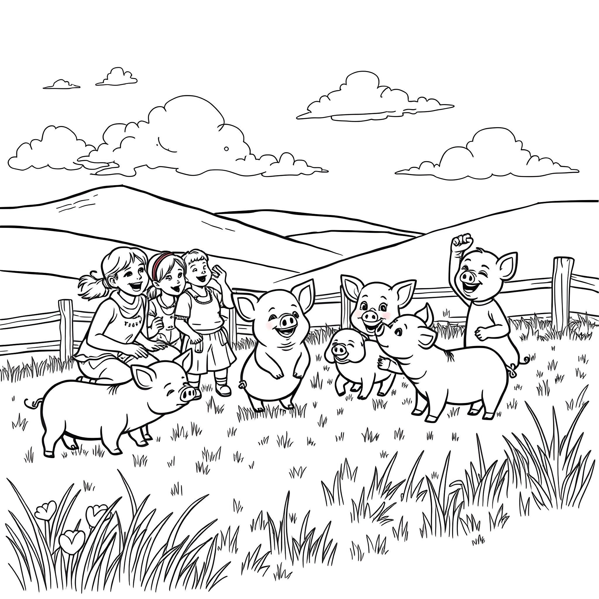 Friend's Joyful Farm Adventure Coloring Page (free black-and-white line drawing printable PDF for all, from beginners to advanced learners, including children, teens, adults, and seniors)