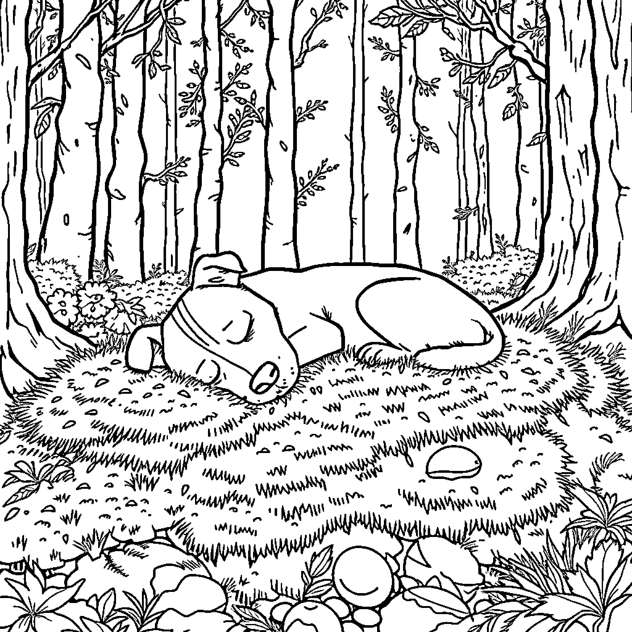 Jack Russell Terrier sleeping peacefully in the forest Coloring Page (free black-and-white line drawing printable PDF for all, from beginners to advanced learners, including children, teens, adults, and seniors)
