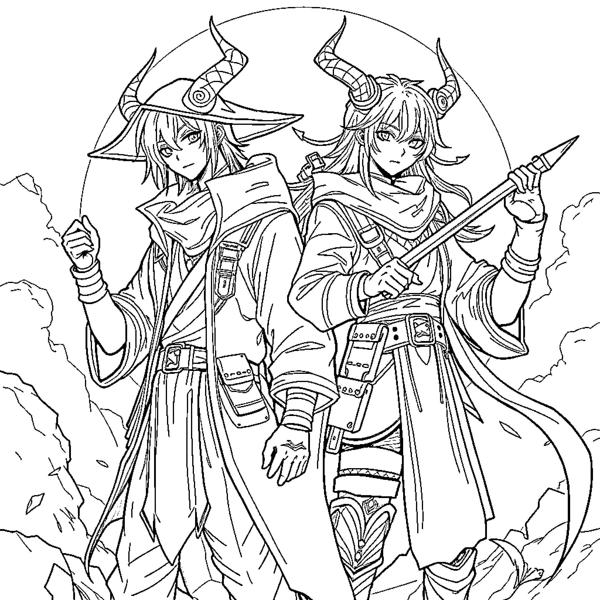 Rumi's Mystical Adventure with Warrior Companions Coloring Page (free black-and-white line drawing printable PDF for all, from beginners to advanced learners, including children, teens, adults, and seniors)