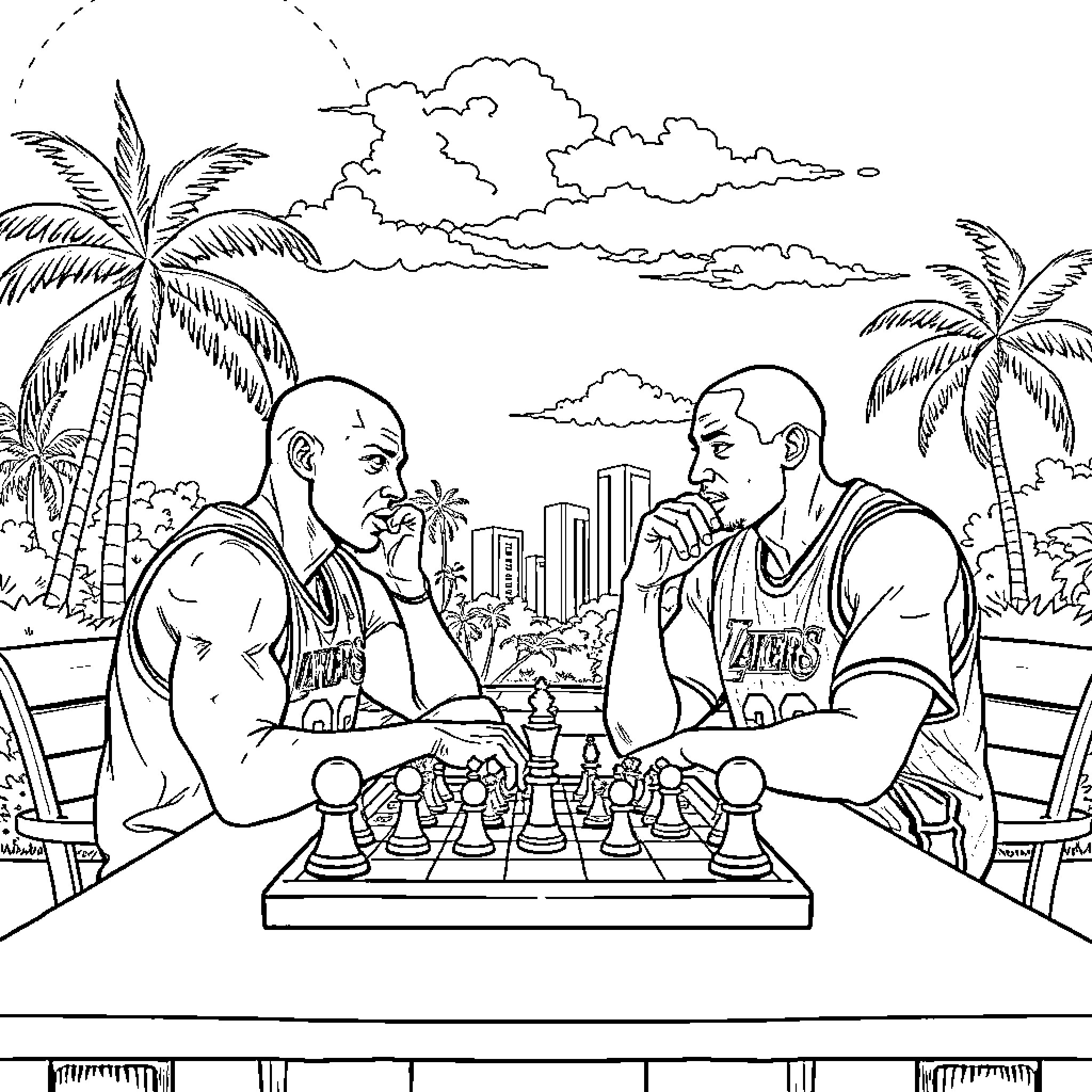 Michael Jordan engaging in a chess match with an opponent in a tropical setting Coloring Page (free black-and-white line drawing printable PDF for all, from beginners to advanced learners, including children, teens, adults, and seniors)