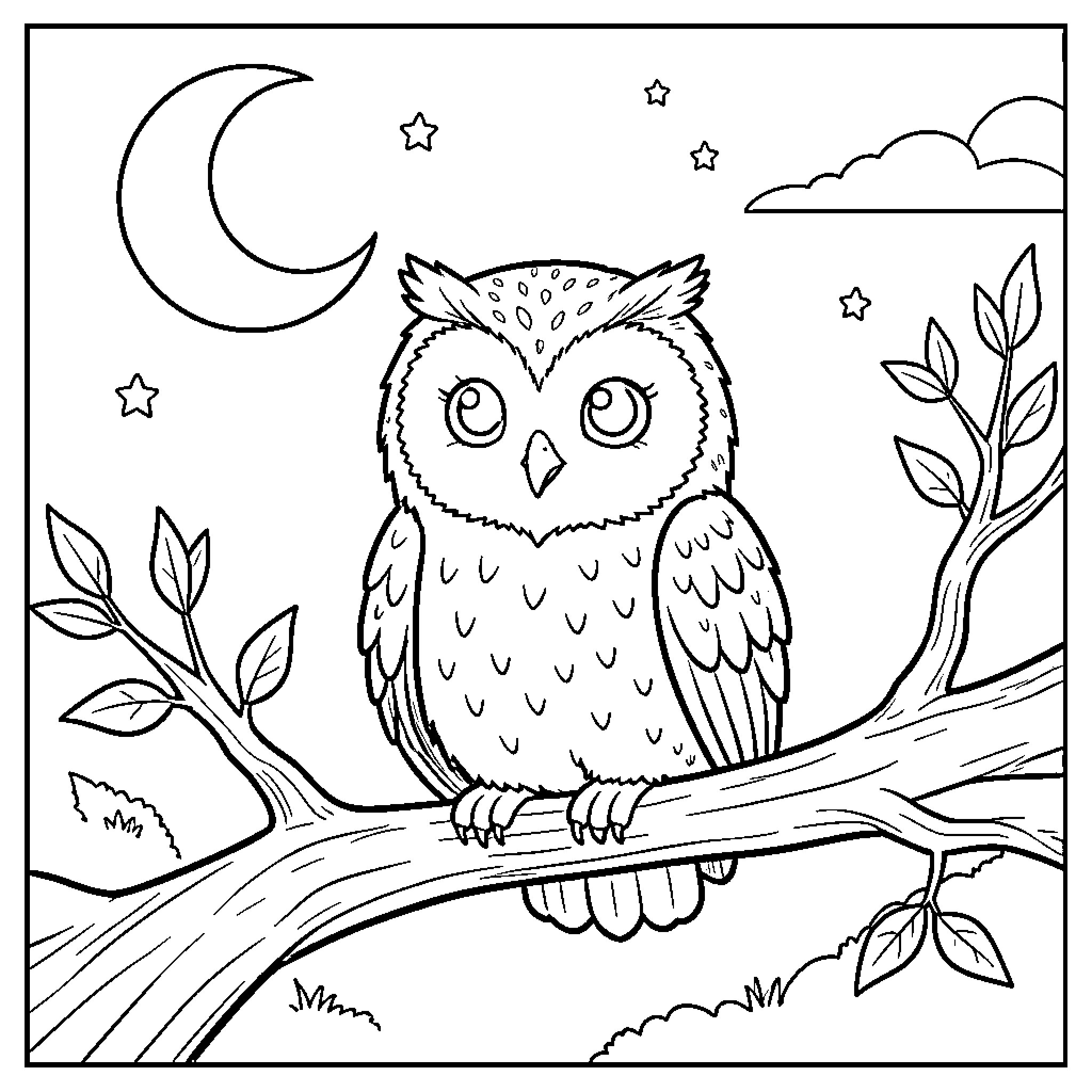 Owl sitting on a tree branch under the moon Coloring Page (free black-and-white line drawing printable PDF for all, from beginners to advanced learners, including children, teens, adults, and seniors)