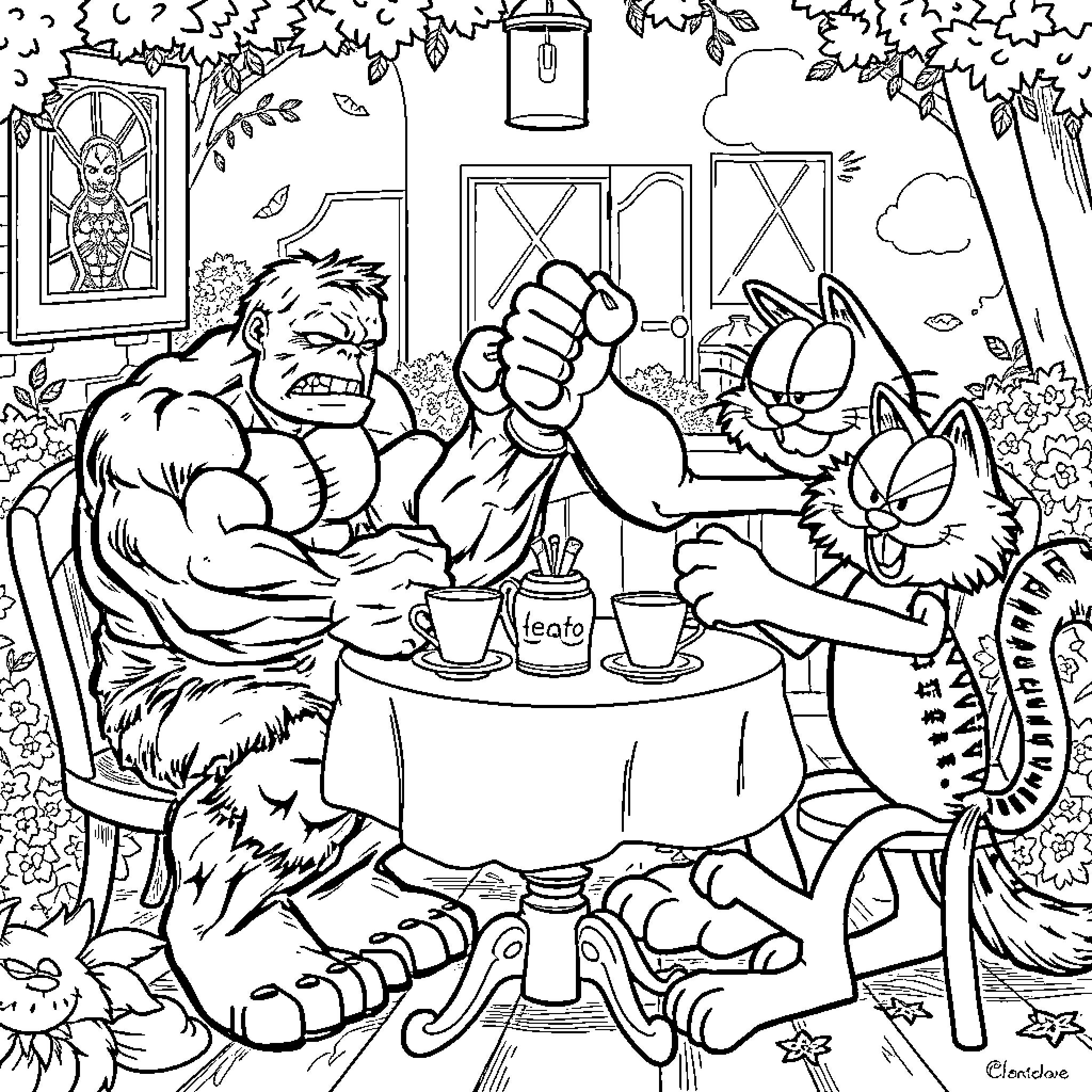 Thing strong muscular people having tea outdoors with animals Coloring Page (free black-and-white line drawing printable PDF for all, from beginners to advanced learners, including children, teens, adults, and seniors)
