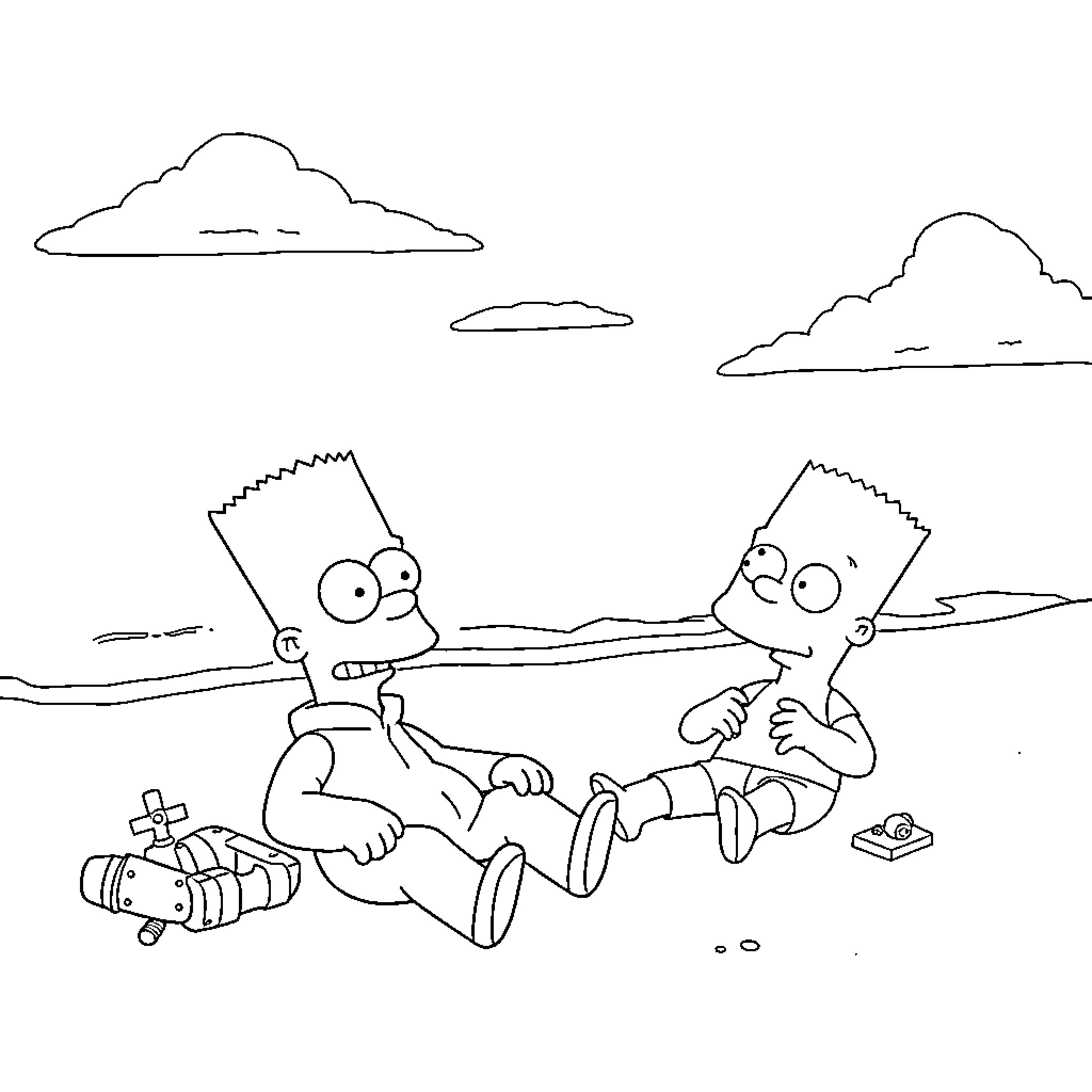Bart and friends relaxing in the outdoors Coloring Page (free black-and-white line drawing printable PDF for all, from beginners to advanced learners, including children, teens, adults, and seniors)