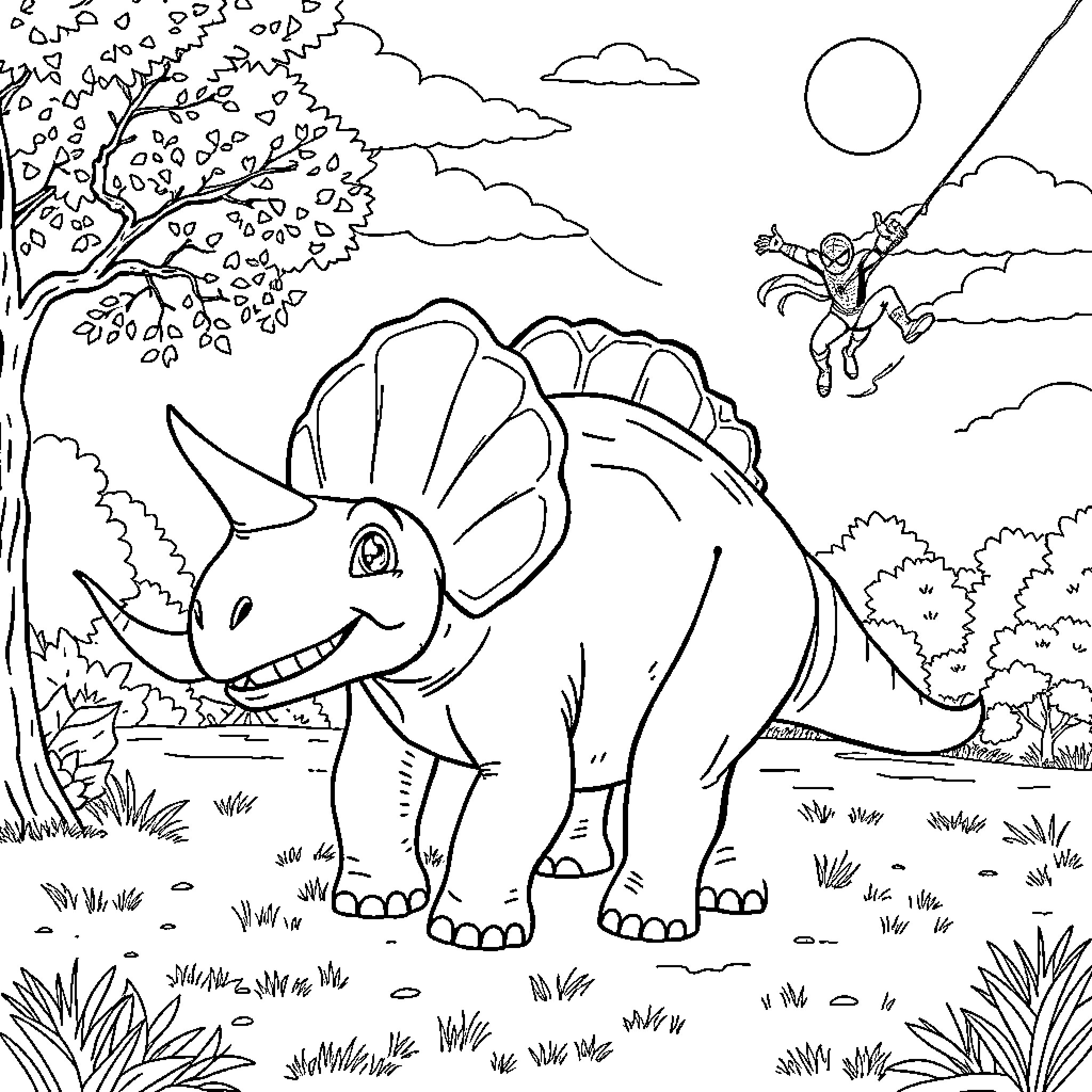 Triceratops exploring the prehistoric landscape Coloring Page (free black-and-white line drawing printable PDF for all, from beginners to advanced learners, including children, teens, adults, and seniors)