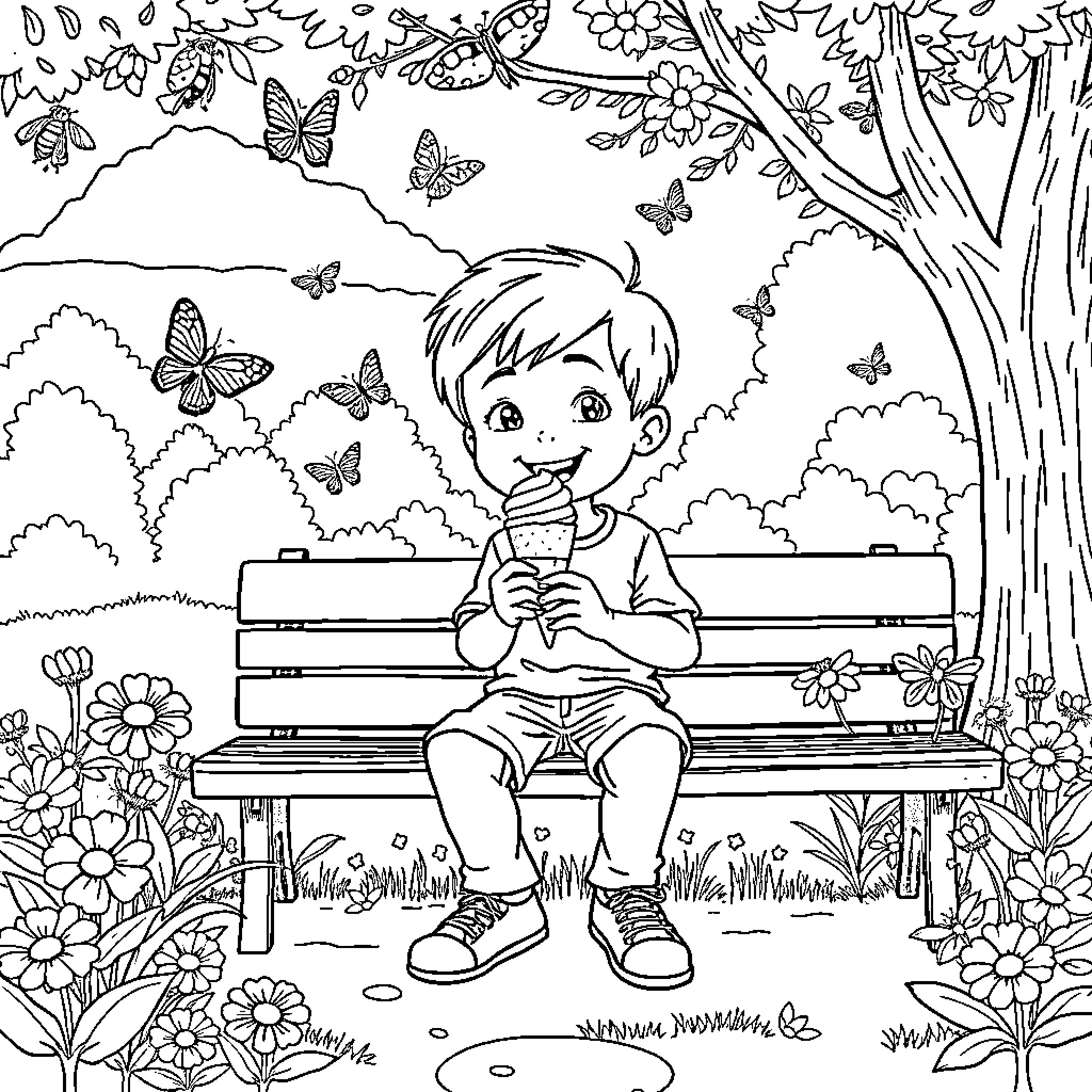 Boy sitting on bench surrounded by nature Coloring Page (free black-and-white line drawing printable PDF for all, from beginners to advanced learners, including children, teens, adults, and seniors)