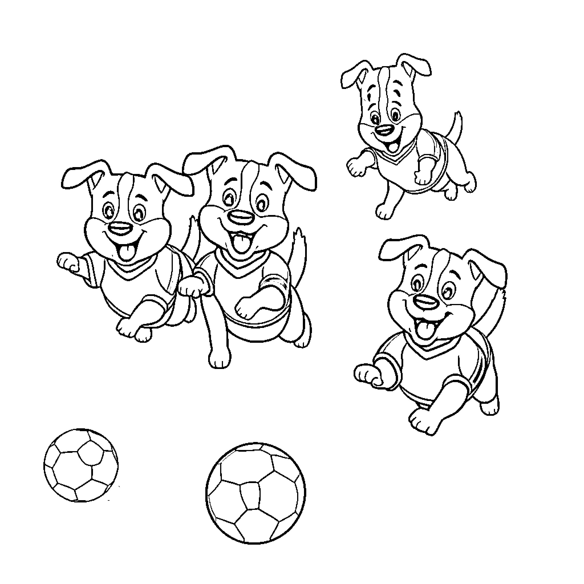 Dog friends playing with soccer balls Coloring Page (free black-and-white line drawing printable PDF for all, from beginners to advanced learners, including children, teens, adults, and seniors)