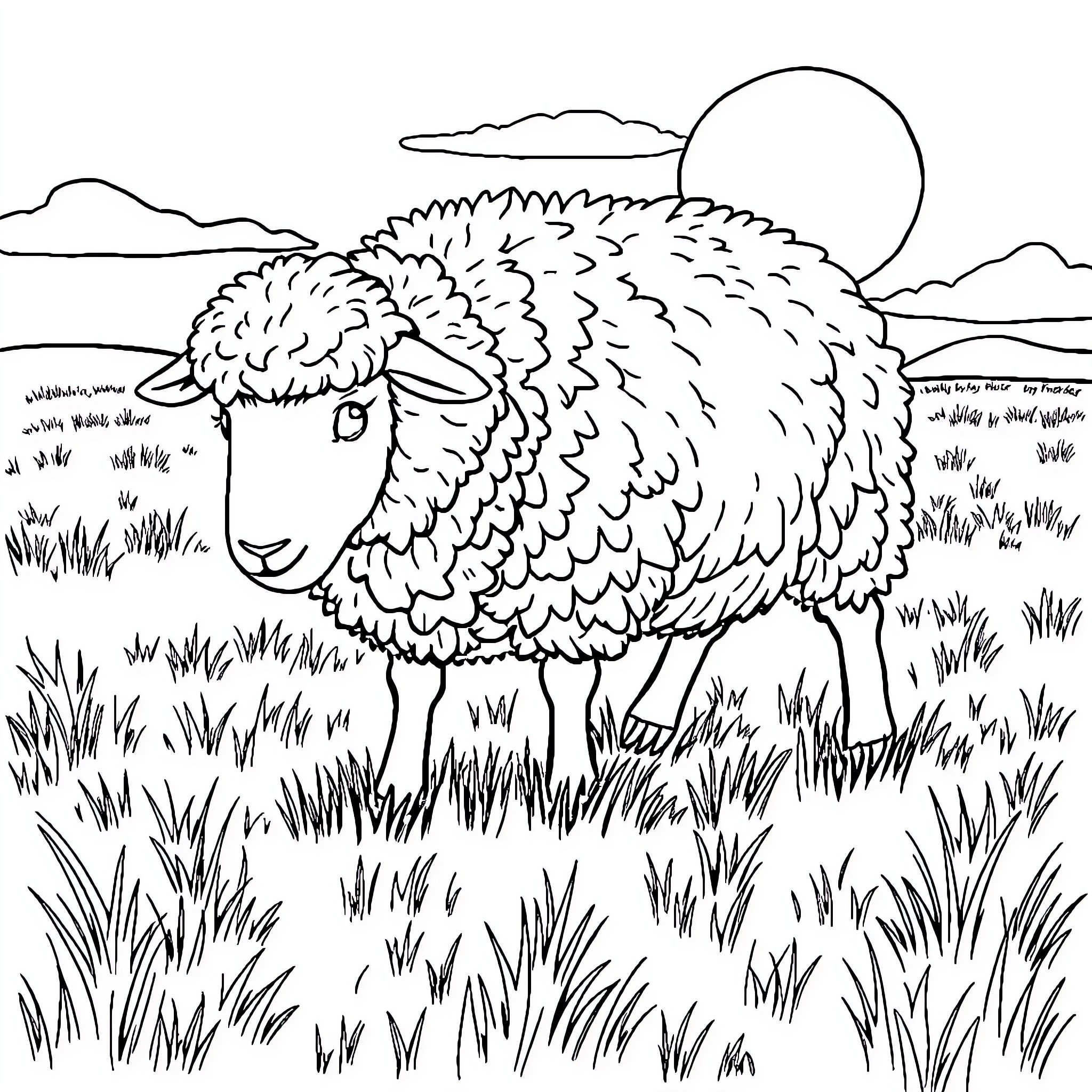 Sheep grazing peacefully in a pastoral landscape Coloring Page (free black-and-white line drawing printable PDF for all, from beginners to advanced learners, including children, teens, adults, and seniors)