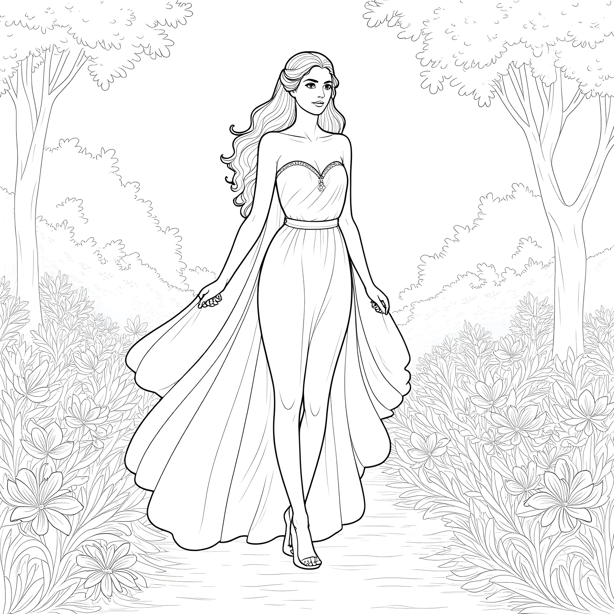 Goddess in a flowing gown walking through a lush garden Coloring Page (free black-and-white line drawing printable PDF for all, from beginners to advanced learners, including children, teens, adults, and seniors)