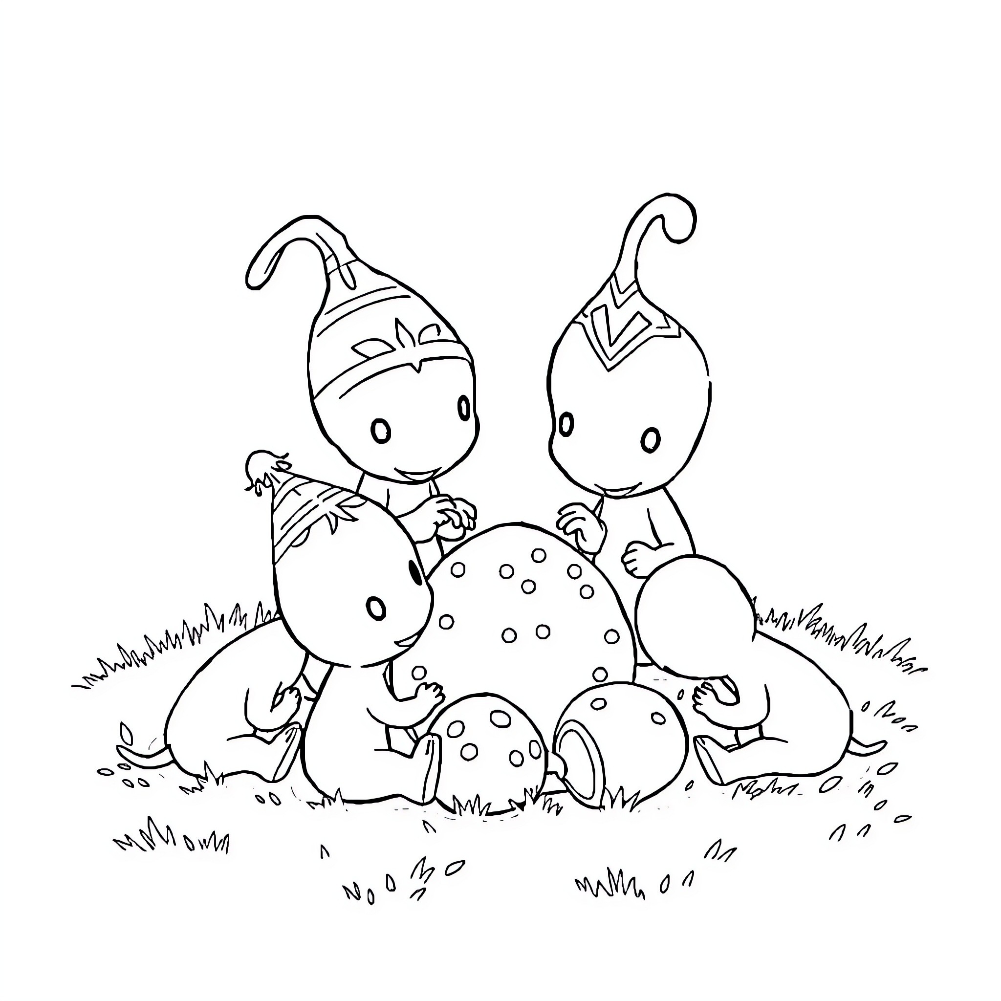 Pikmin characters exploring and playing in nature Coloring Page (free black-and-white line drawing printable PDF for all, from beginners to advanced learners, including children, teens, adults, and seniors)