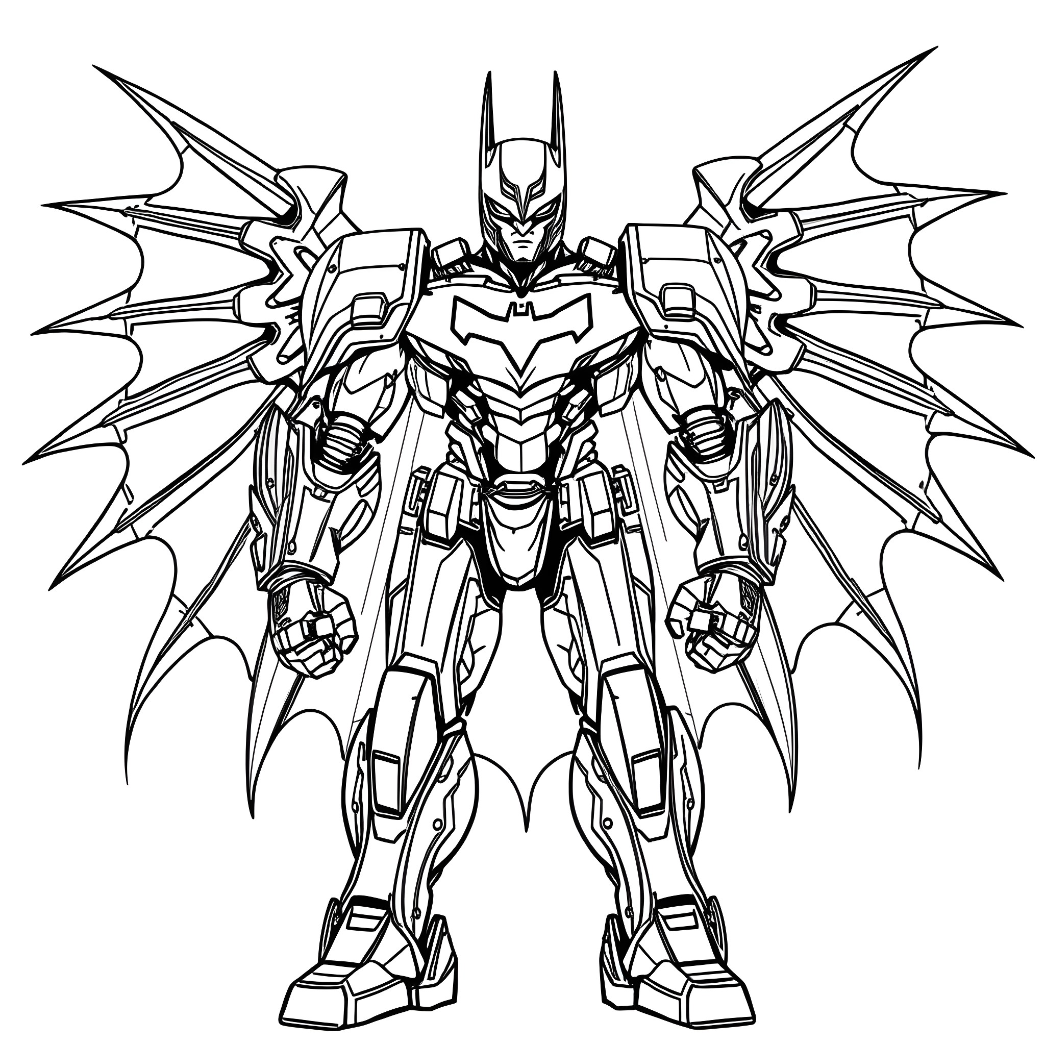 Mecha Batman in Intimidating Heroic Pose Coloring Page (free black-and-white line drawing printable PDF for all, from beginners to advanced learners, including children, teens, adults, and seniors)