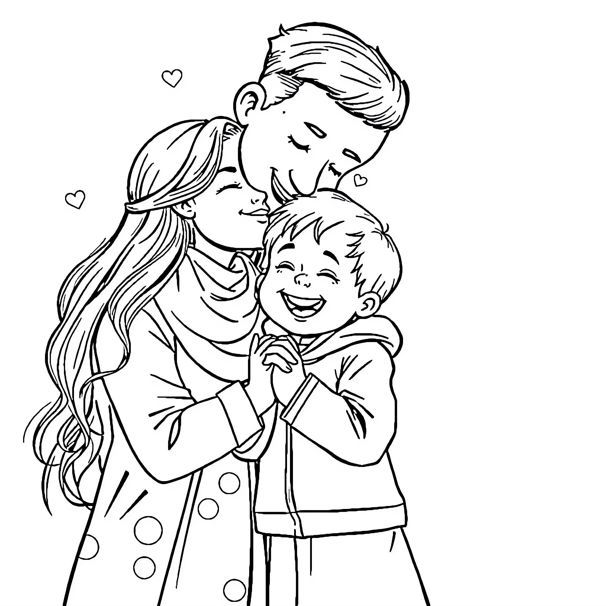 Family Sharing Affectionate Moment Coloring Page (free black-and-white line drawing printable PDF for all, from beginners to advanced learners, including children, teens, adults, and seniors)