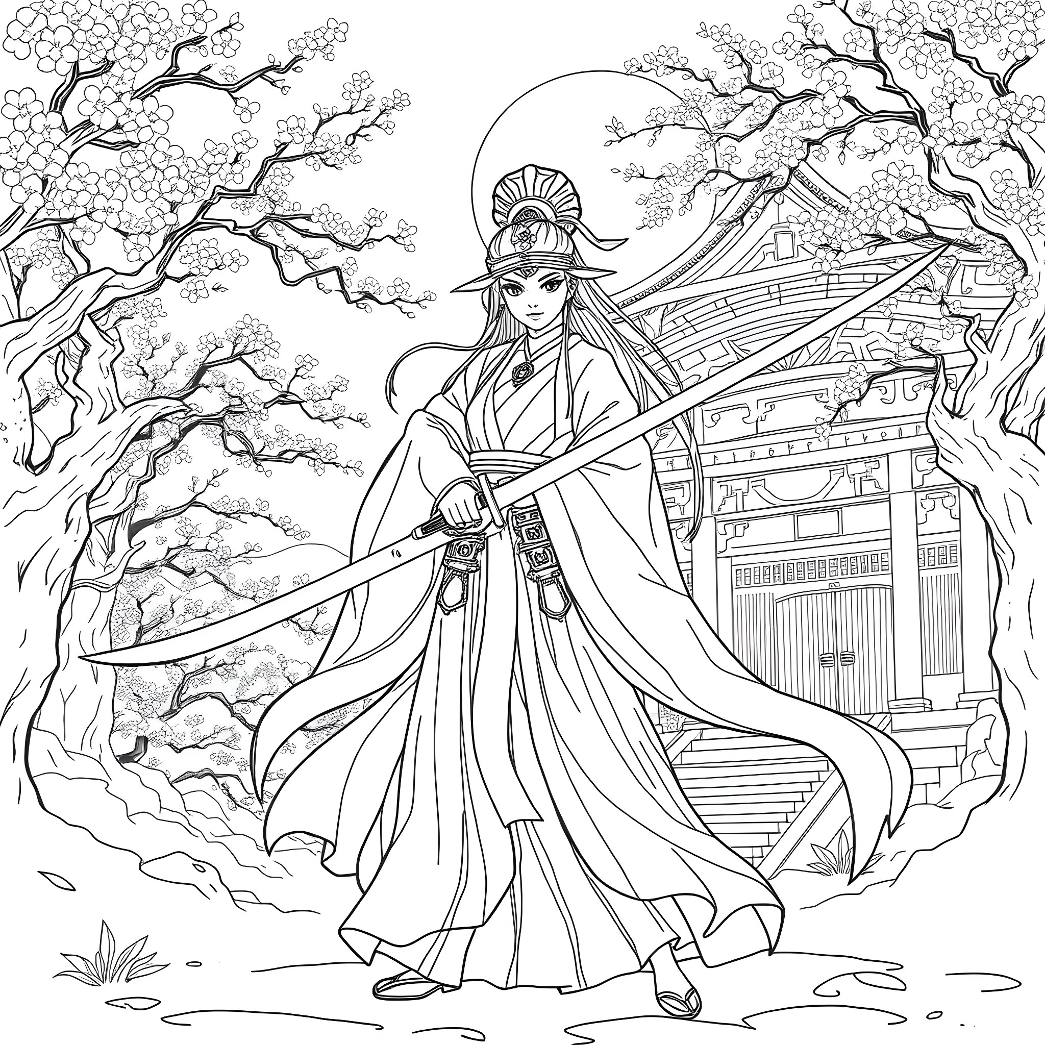 Princess in Serene Landscape with Cherry Blossoms Coloring Page (free black-and-white line drawing printable PDF for all, from beginners to advanced learners, including children, teens, adults, and seniors)