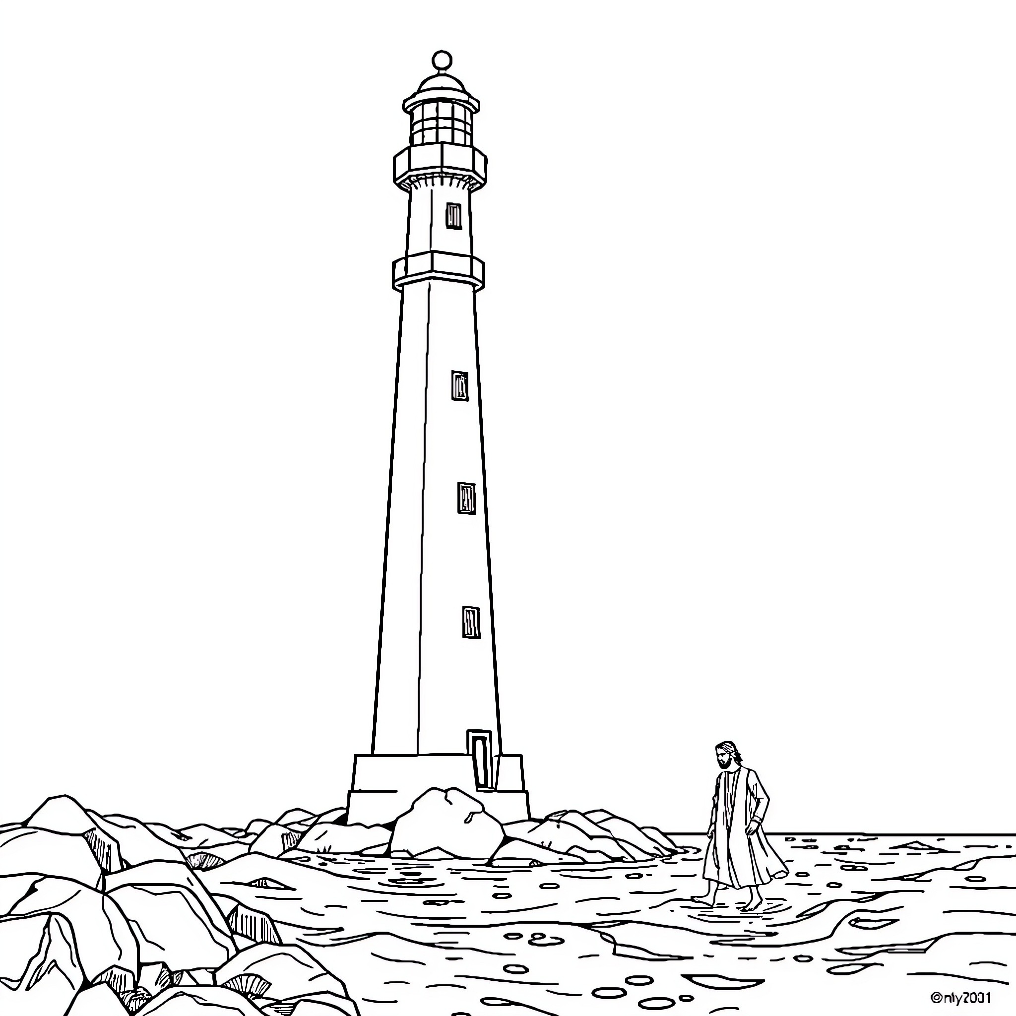 Lighthouse with person standing in the water Coloring Page (free black-and-white line drawing printable PDF for all, from beginners to advanced learners, including children, teens, adults, and seniors)