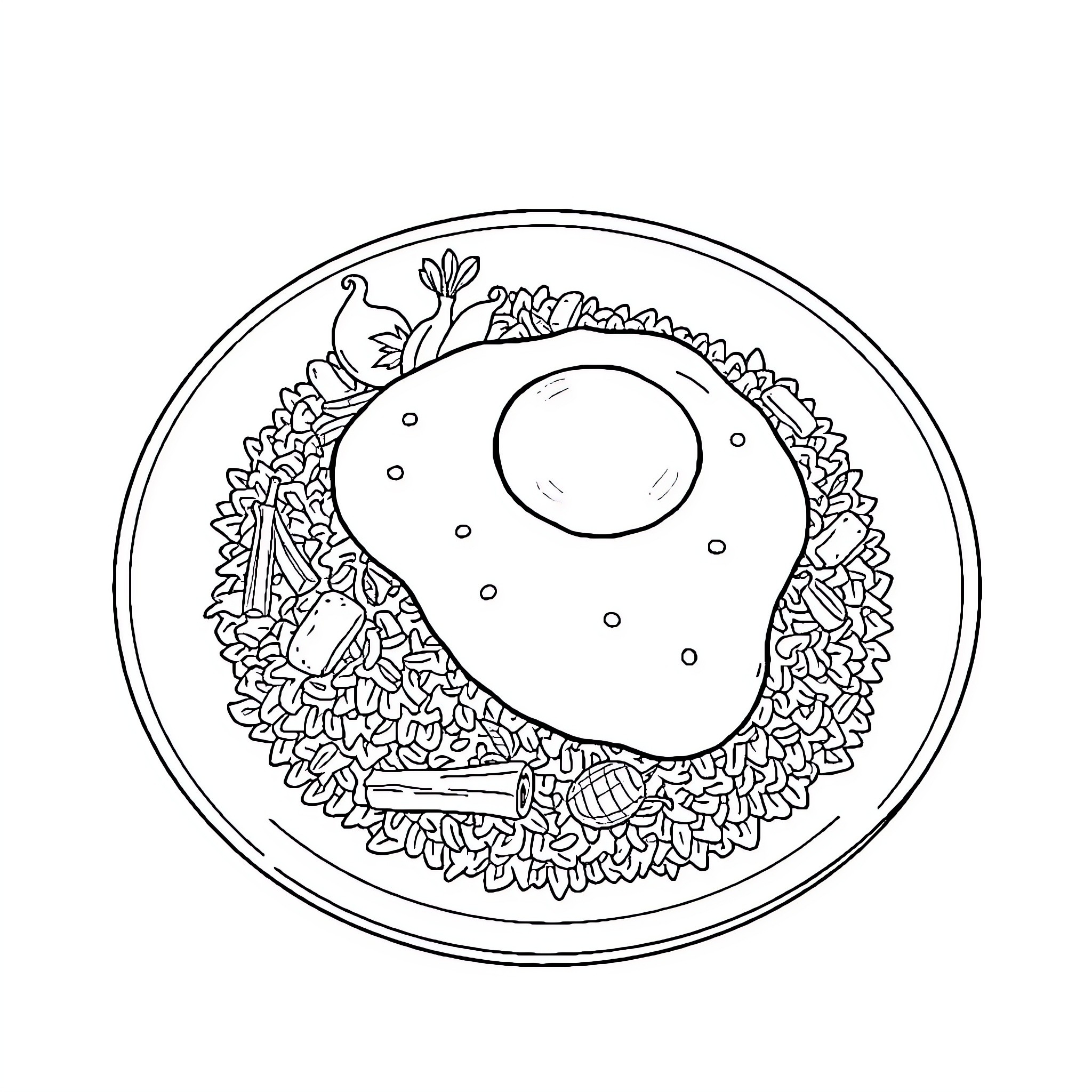 Nasi Goreng - Delicious Indonesian Fried Rice Dish Coloring Page (free black-and-white line drawing printable PDF for all, from beginners to advanced learners, including children, teens, adults, and seniors)