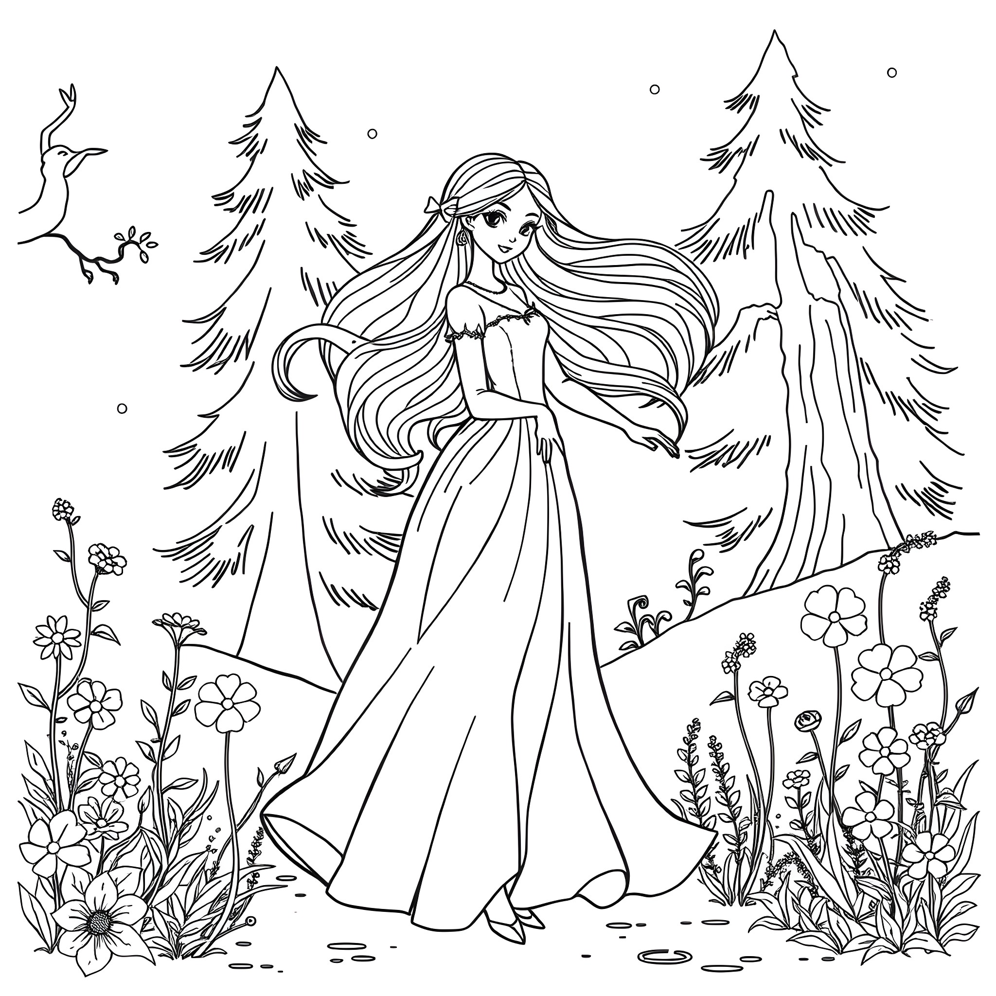 Fairytale Maiden in Enchanted Forest Coloring Page (free black-and-white line drawing printable PDF for all, from beginners to advanced learners, including children, teens, adults, and seniors)