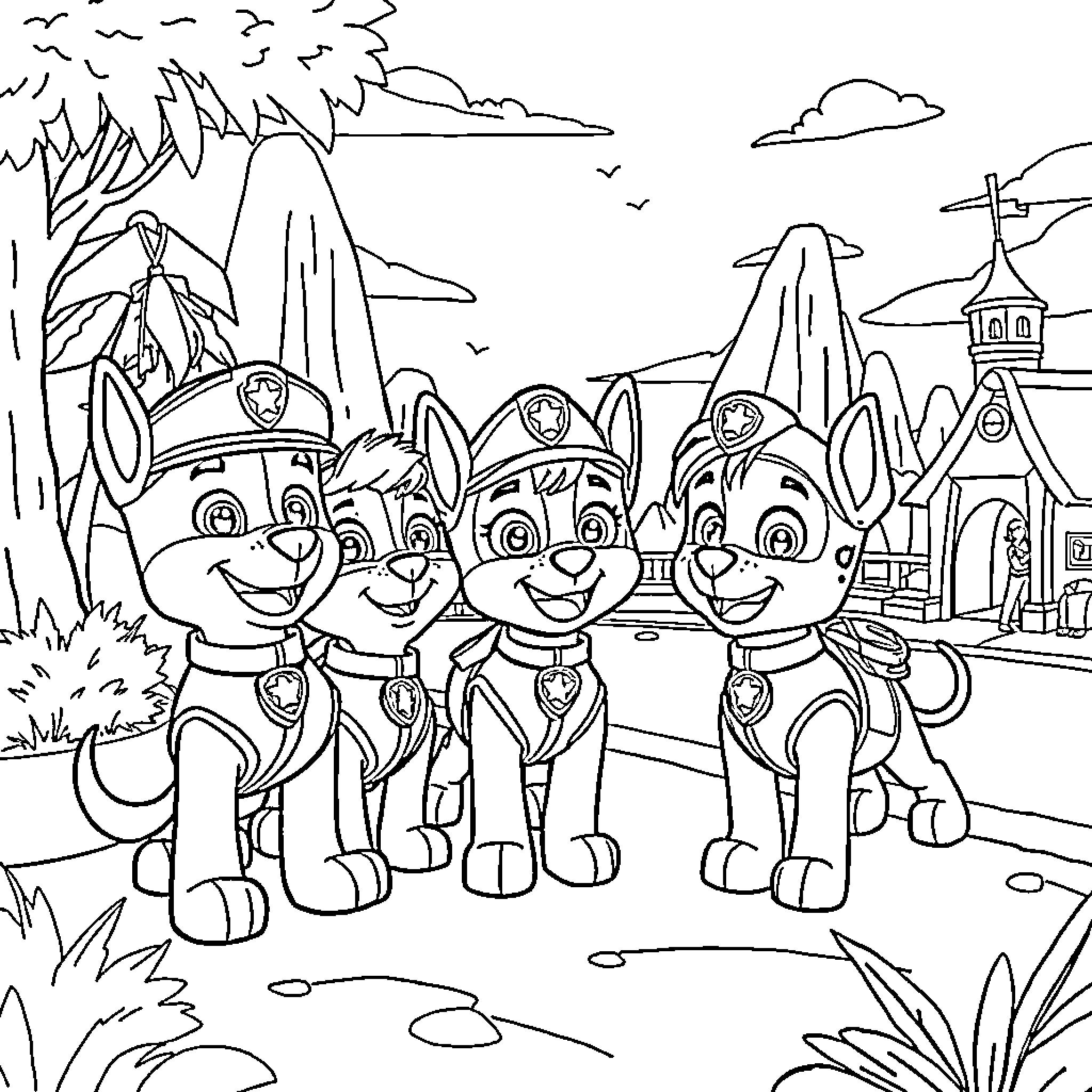 Paw Patrol team on an adventure Coloring Page (free black-and-white line drawing printable PDF for all, from beginners to advanced learners, including children, teens, adults, and seniors)