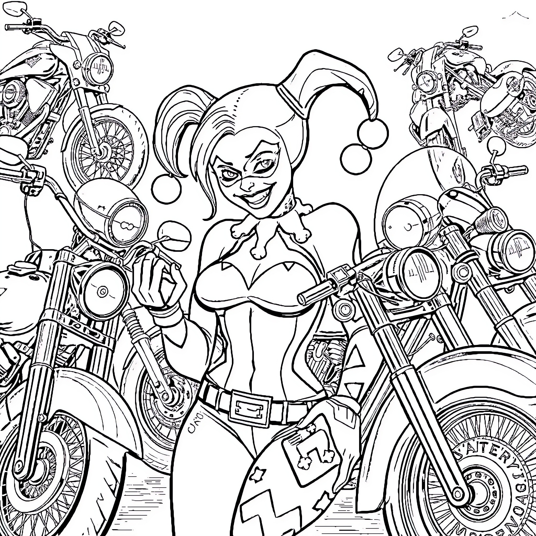 Harley Quinn's Motorcycle Mayhem Coloring Page (free black-and-white line drawing printable PDF for all, from beginners to advanced learners, including children, teens, adults, and seniors)
