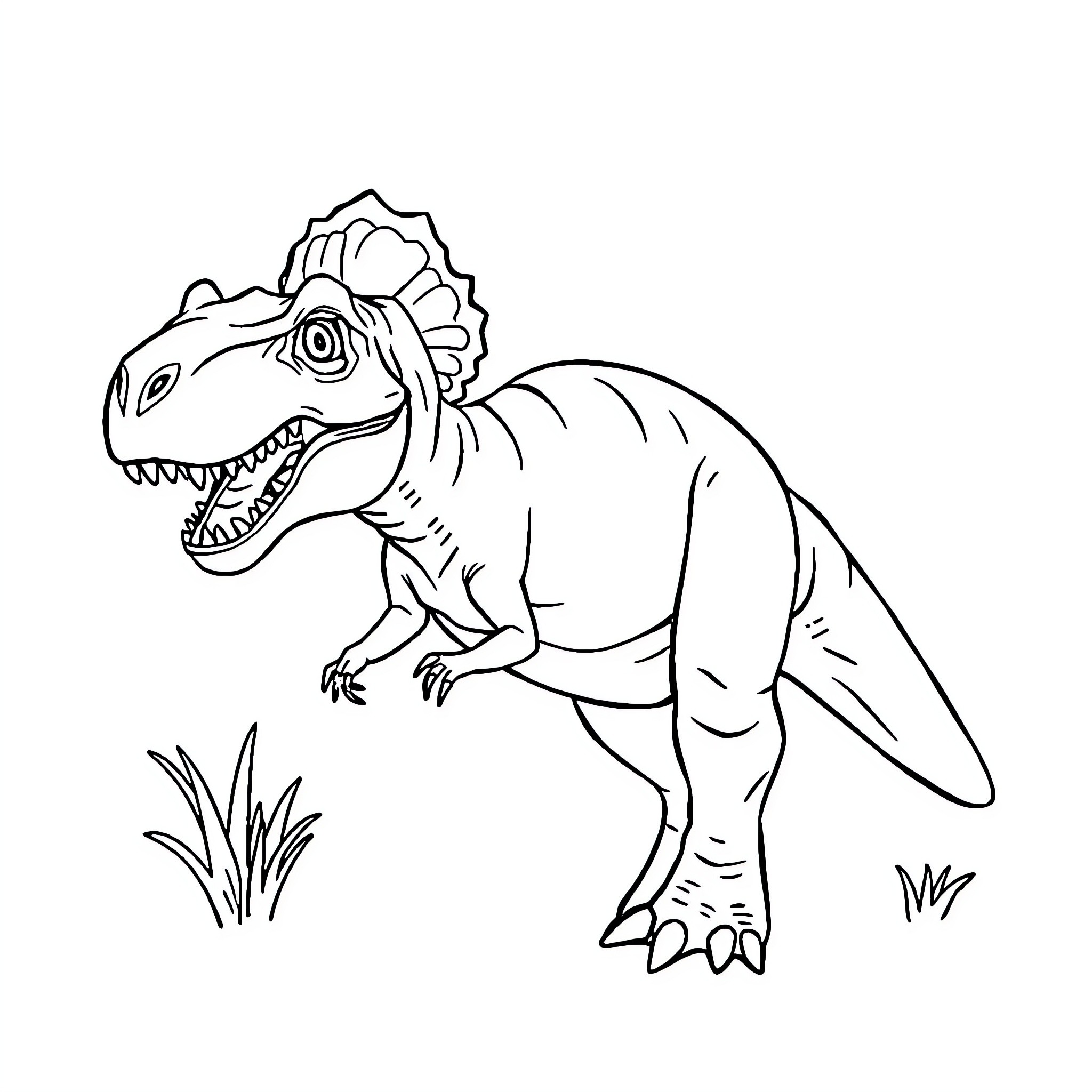 Dinosaur roaring in the wild landscape Coloring Page (free black-and-white line drawing printable PDF for all, from beginners to advanced learners, including children, teens, adults, and seniors)