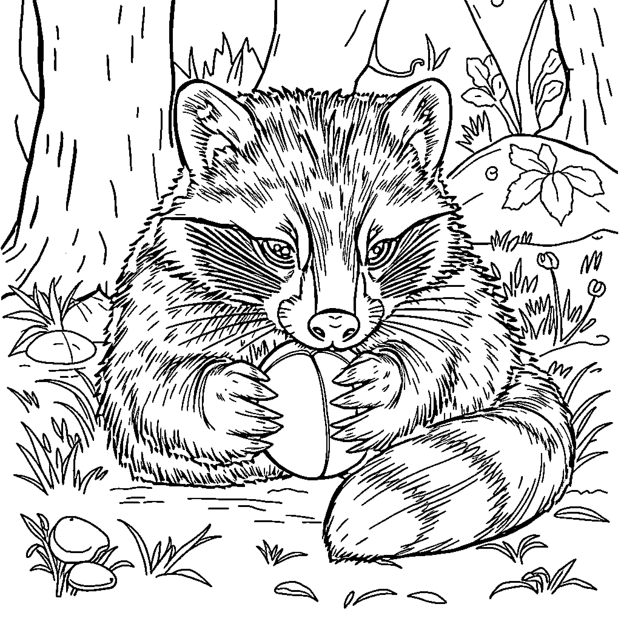 Wolverine-like Raccoon in Woodland Scene Coloring Page (free black-and-white line drawing printable PDF for all, from beginners to advanced learners, including children, teens, adults, and seniors)