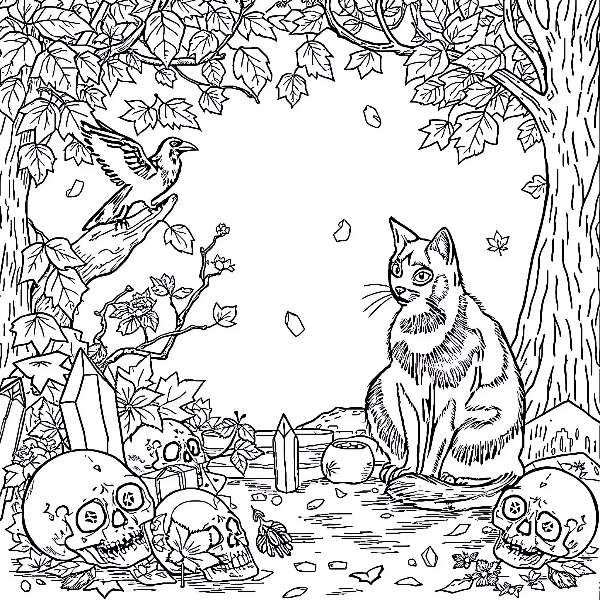 Cat exploring the autumn forest Coloring Page (free black-and-white line drawing printable PDF for all, from beginners to advanced learners, including children, teens, adults, and seniors)