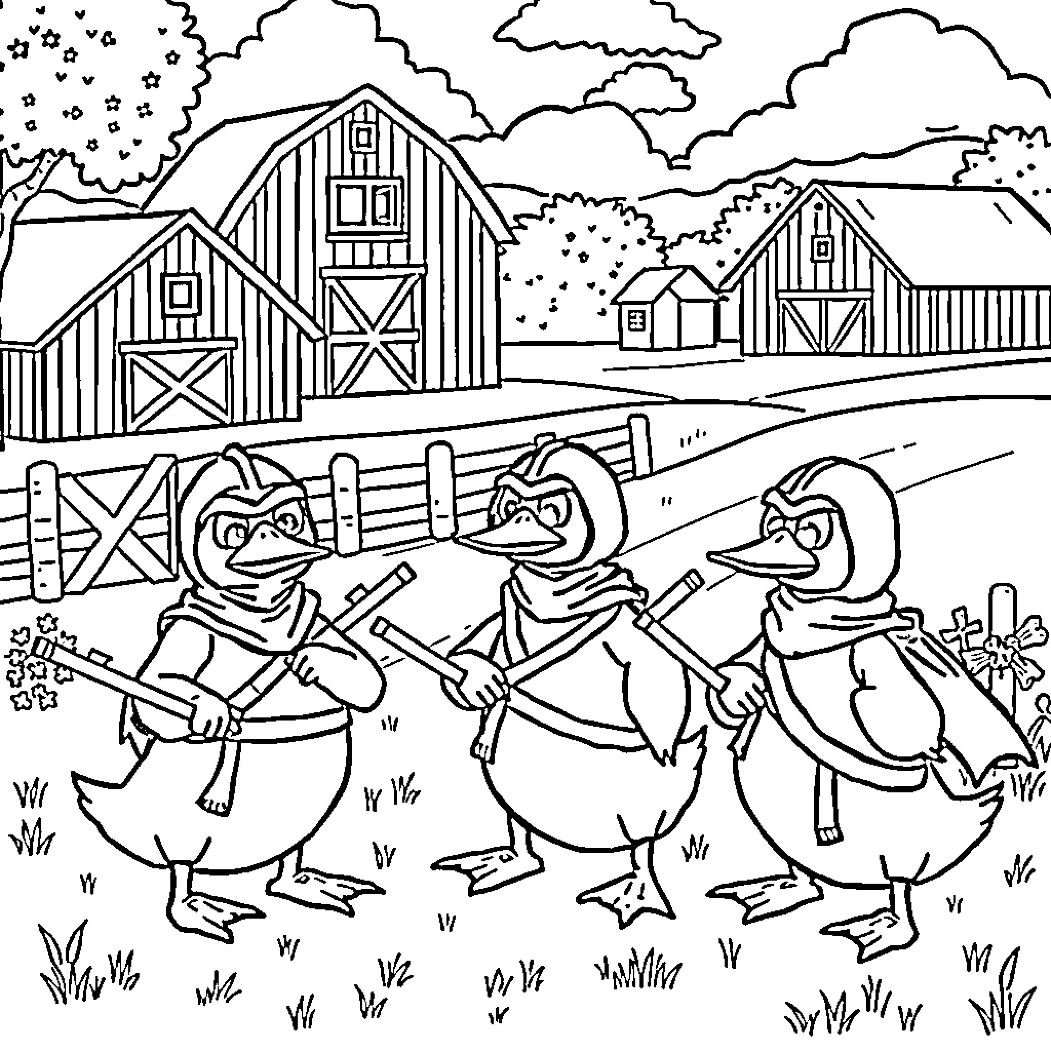 Duck Friends on a Lively Farm Adventure Coloring Page (free black-and-white line drawing printable PDF for all, from beginners to advanced learners, including children, teens, adults, and seniors)