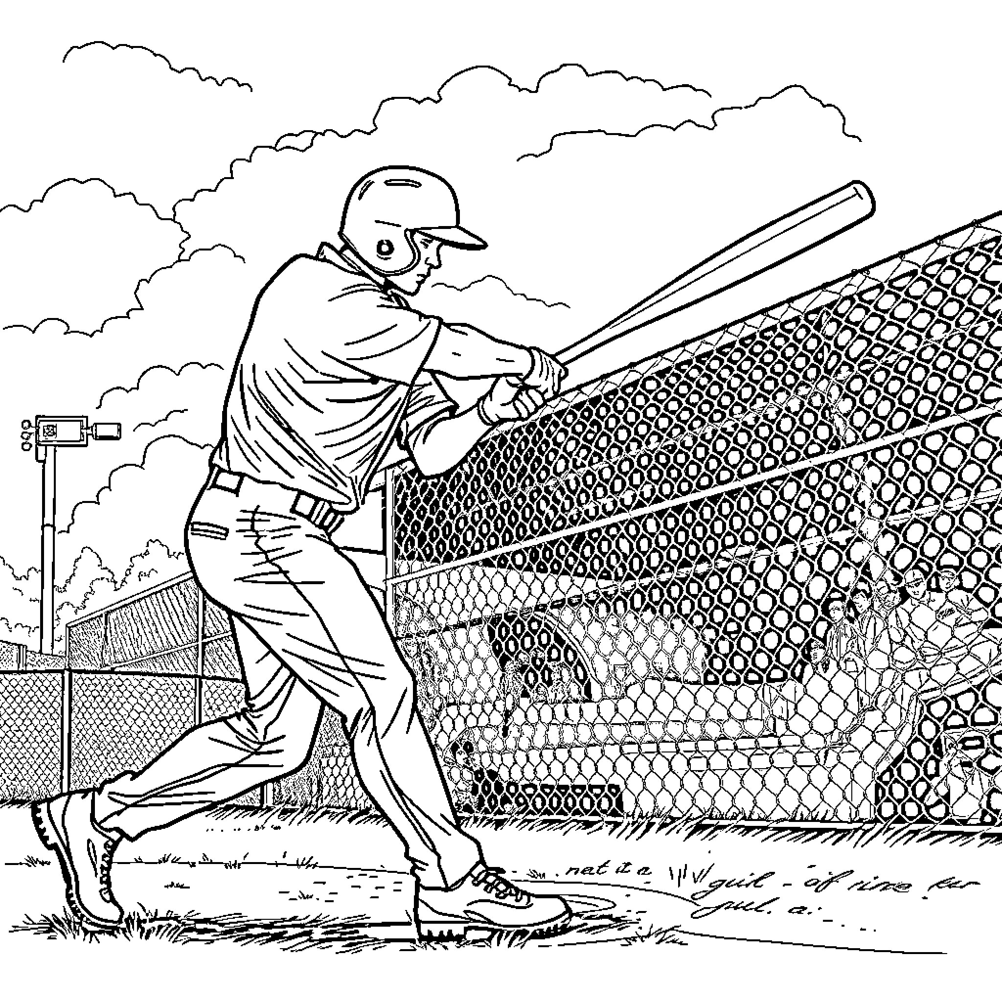 Baseball Player at Bat on the Field Coloring Page (free black-and-white line drawing printable PDF for all, from beginners to advanced learners, including children, teens, adults, and seniors)