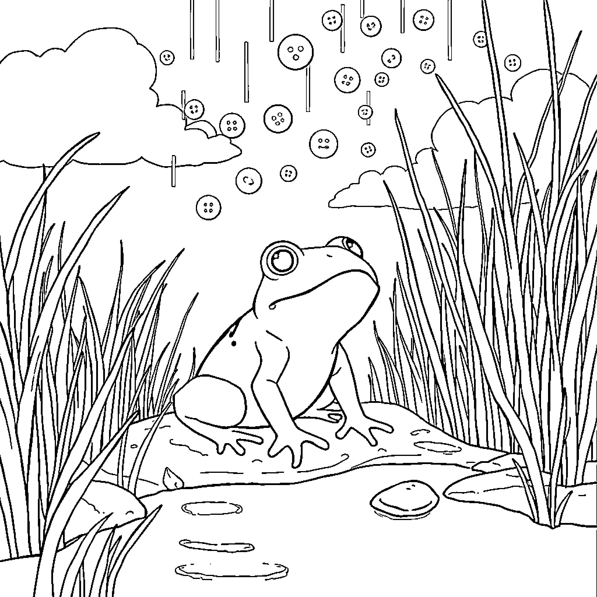Frog Resting in a Serene Pond Surrounded by Bubbles Coloring Page (free black-and-white line drawing printable PDF for all, from beginners to advanced learners, including children, teens, adults, and seniors)
