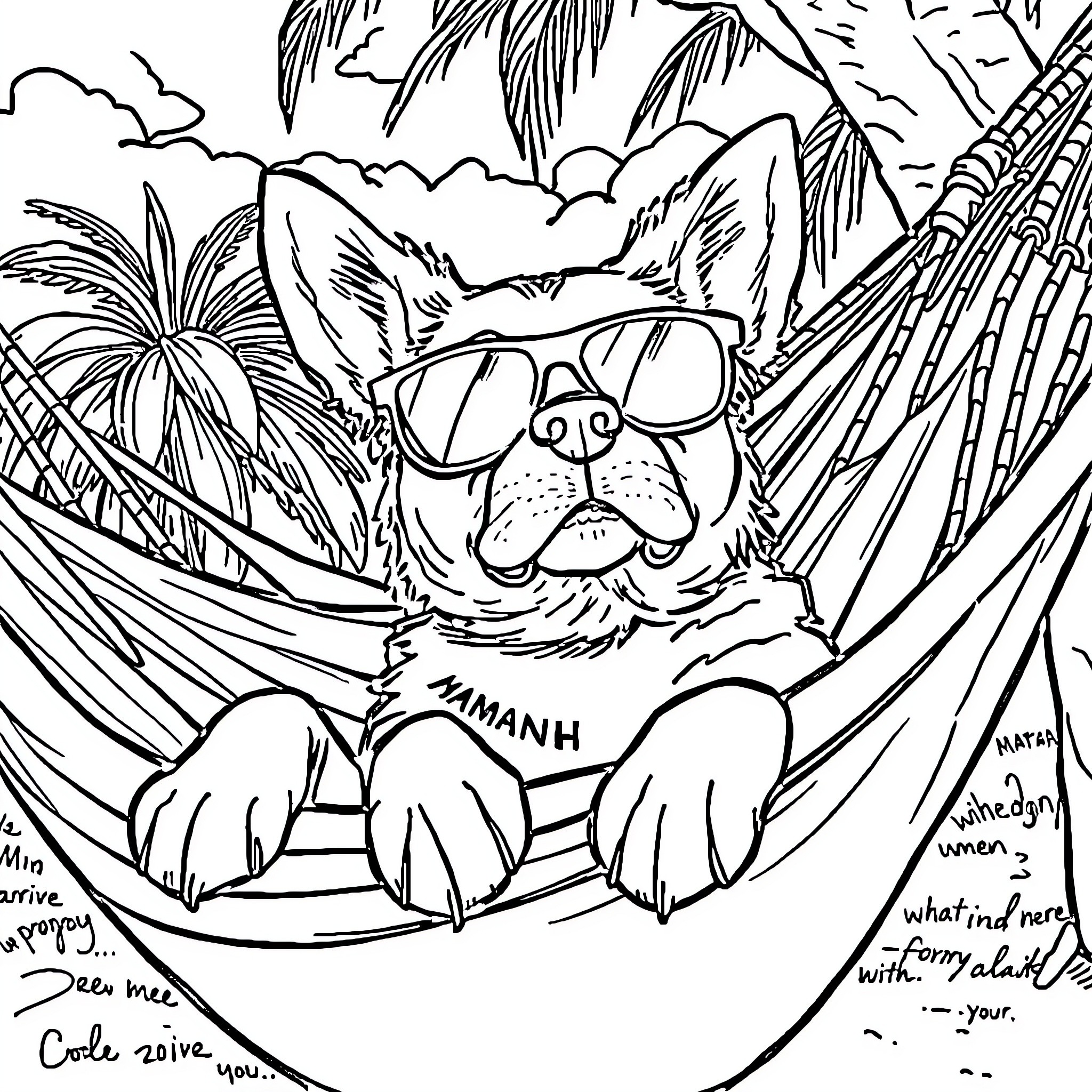Dog relaxing in a hammock on a tropical beach Coloring Page (free black-and-white line drawing printable PDF for all, from beginners to advanced learners, including children, teens, adults, and seniors)