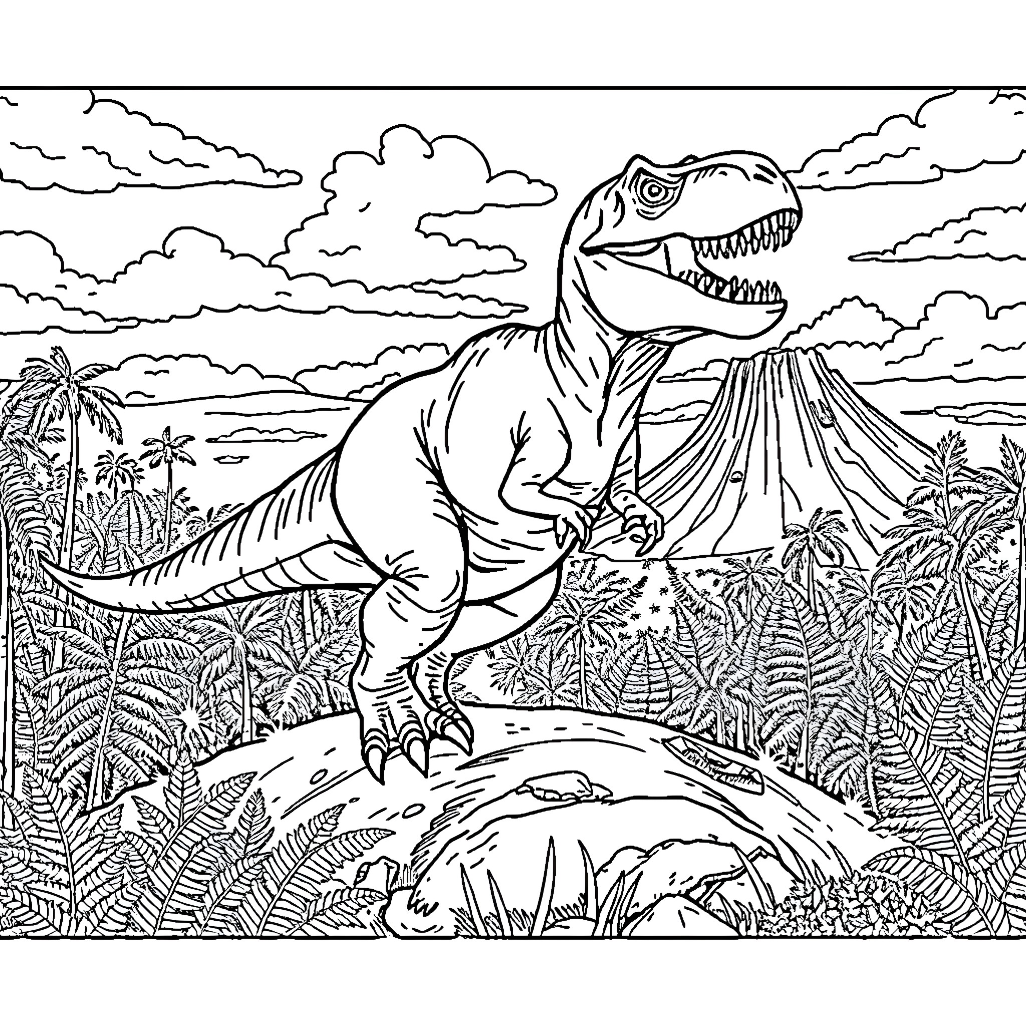 Tyrannosaurus Rex roaring in prehistoric landscape Coloring Page (free black-and-white line drawing printable PDF for all, from beginners to advanced learners, including children, teens, adults, and seniors)
