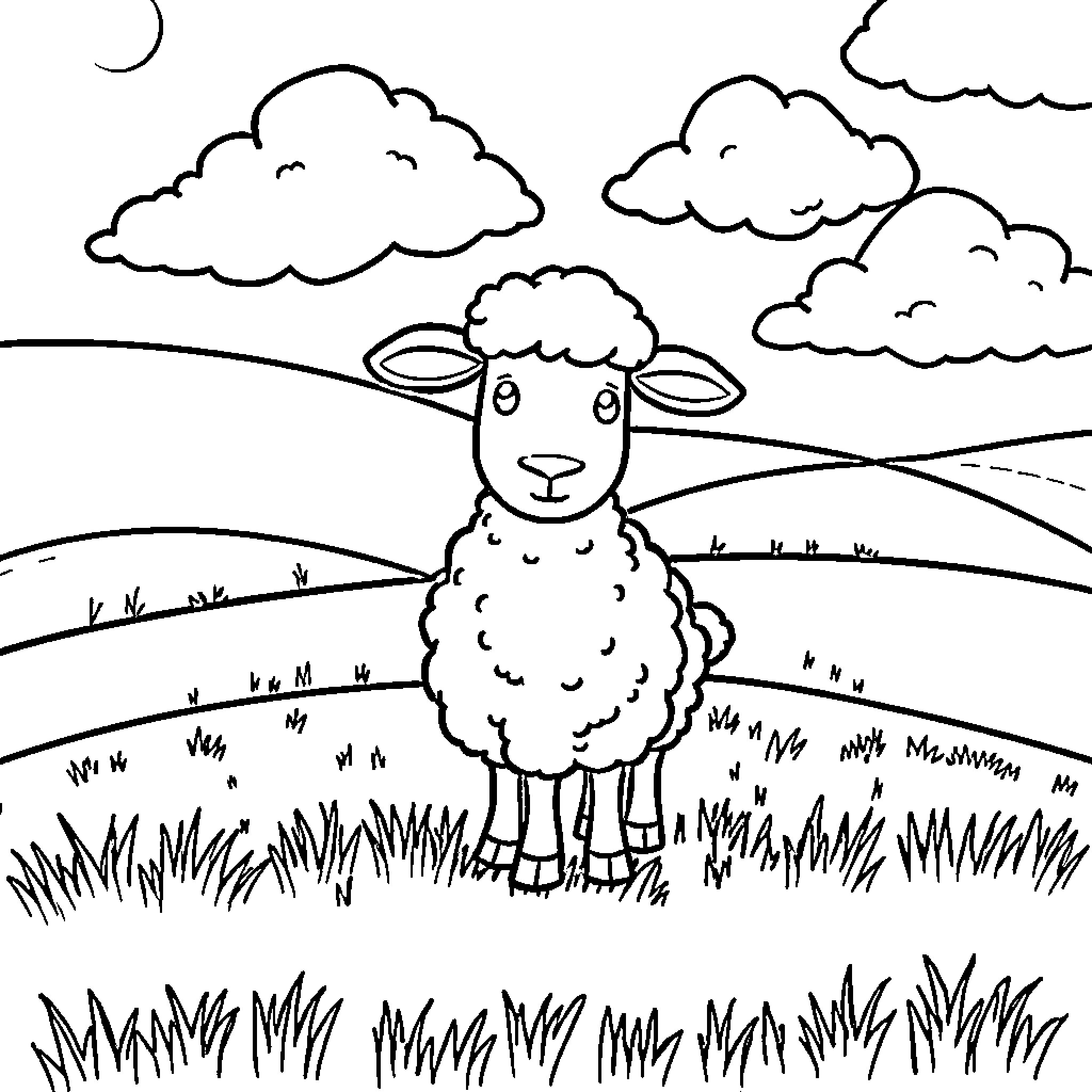Sheep exploring the grassy countryside Coloring Page (free black-and-white line drawing printable PDF for all, from beginners to advanced learners, including children, teens, adults, and seniors)