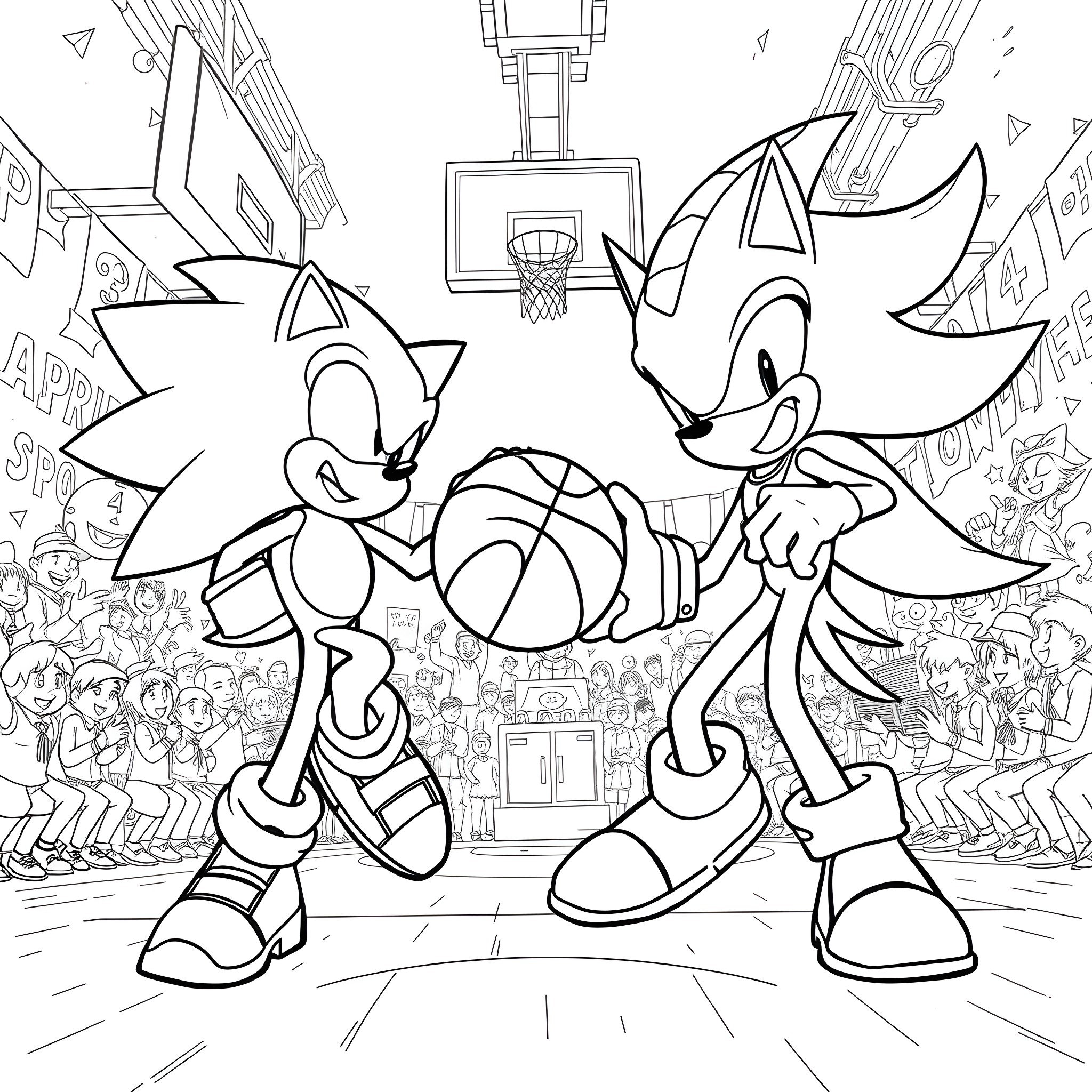 Sonic Characters Enjoying Basketball Game Coloring Page (free black-and-white line drawing printable PDF for all, from beginners to advanced learners, including children, teens, adults, and seniors)