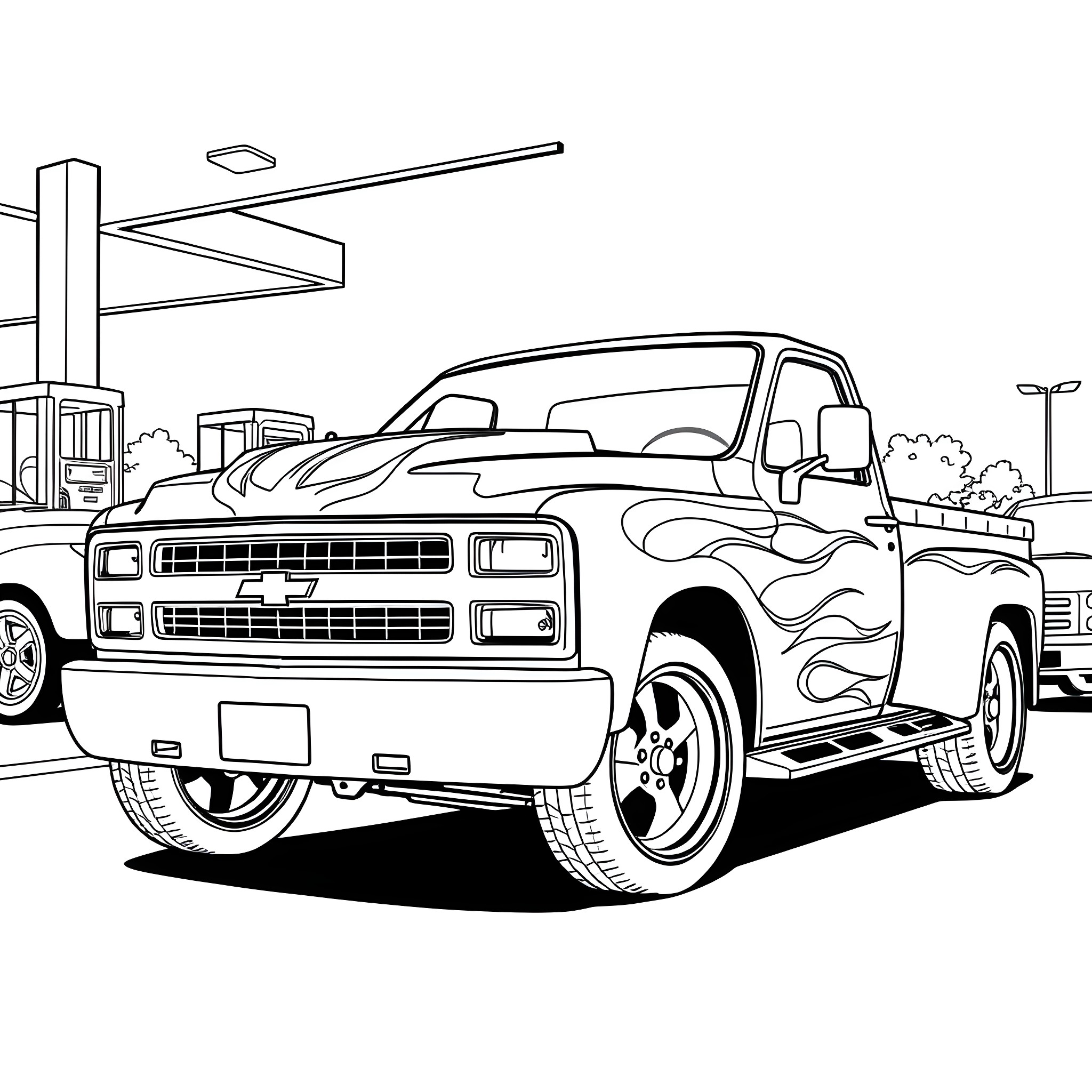Truck with flames driving on the street Coloring Page (free black-and-white line drawing printable PDF for all, from beginners to advanced learners, including children, teens, adults, and seniors)